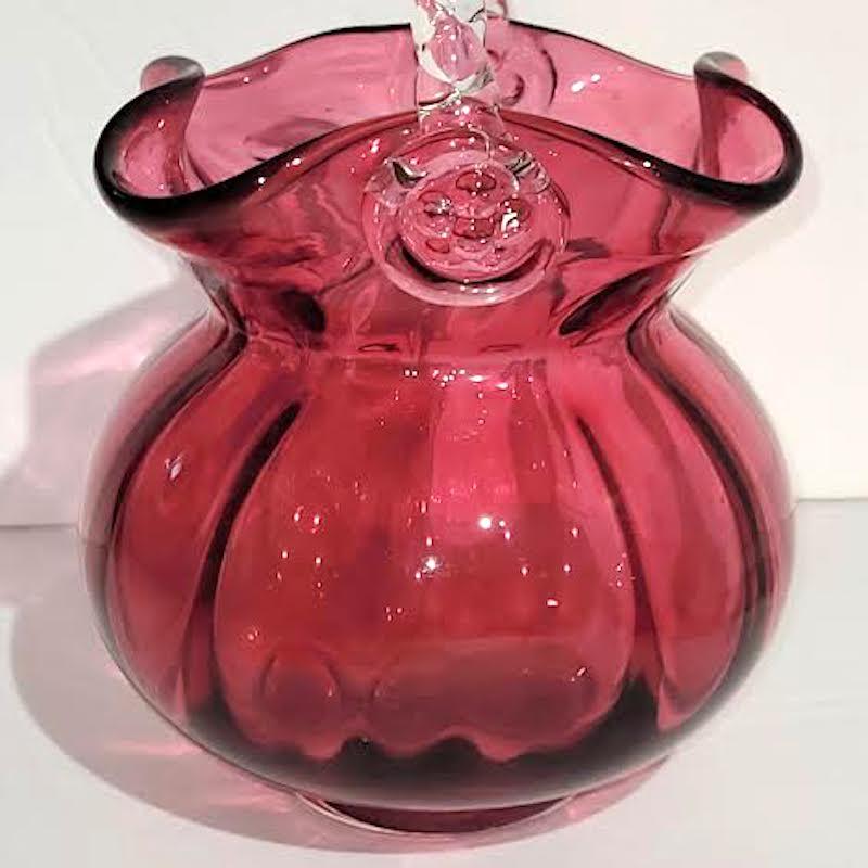 19th C Cranberry Glass Pitcher and Basket In Fair Condition For Sale In Los Angeles, CA