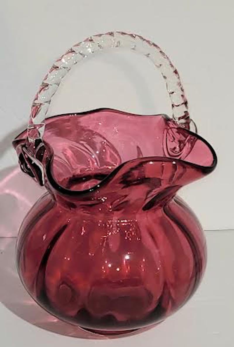 19th Century 19th C Cranberry Glass Pitcher and Basket For Sale