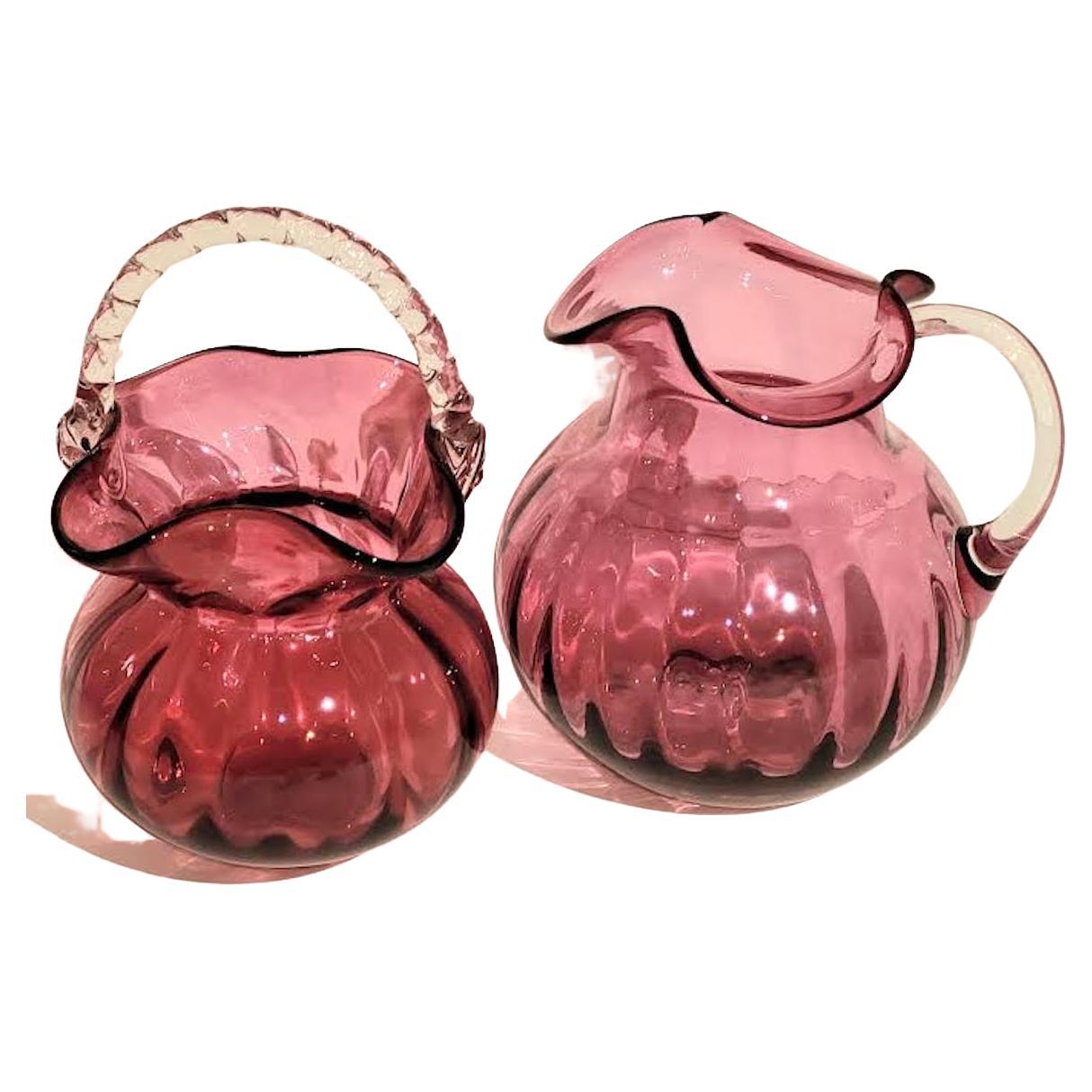 19th C Cranberry Glass Pitcher and Basket