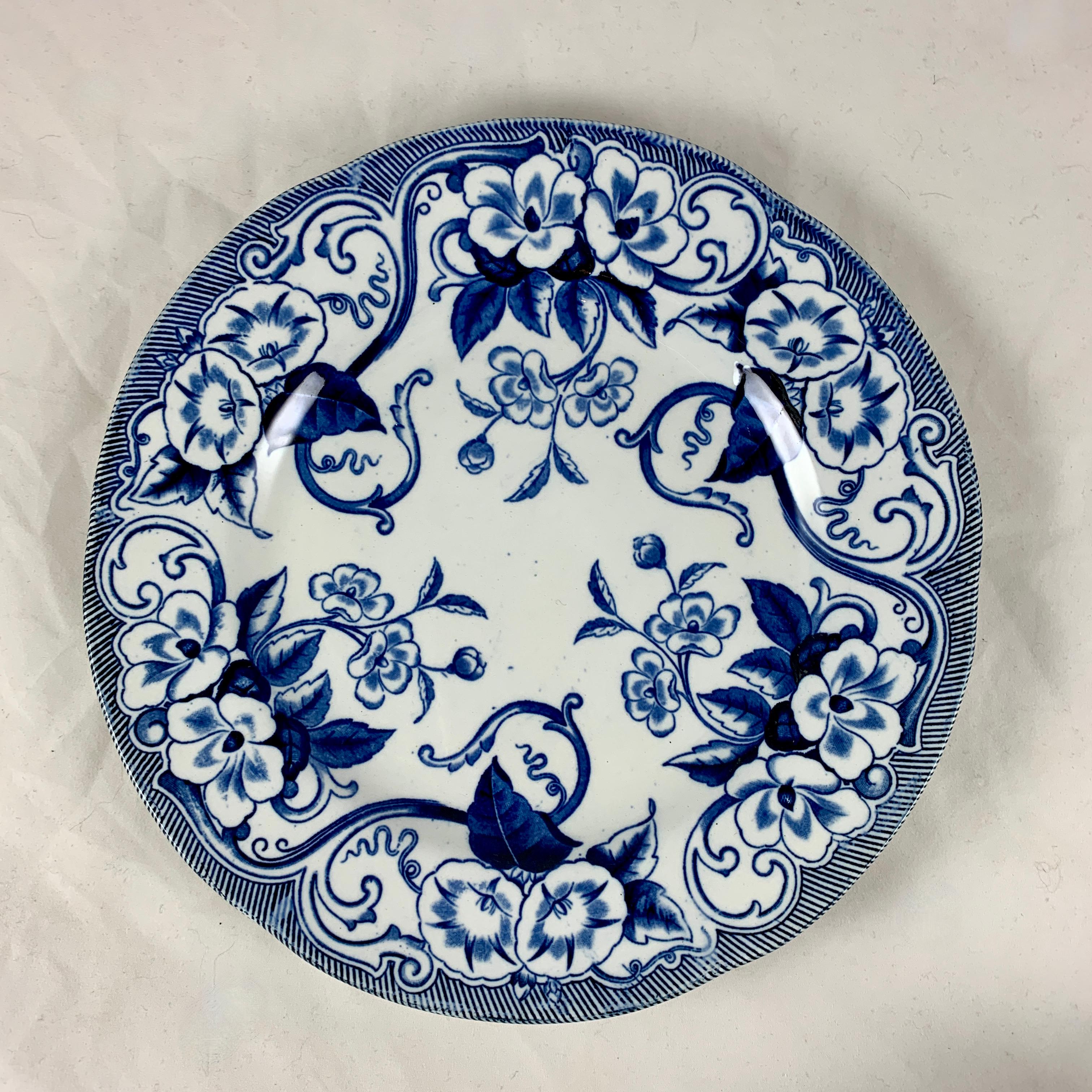 French 19th-C Creil et Montereau Faïence Blue & White 'Flora' Morning Glory Plates, S/8