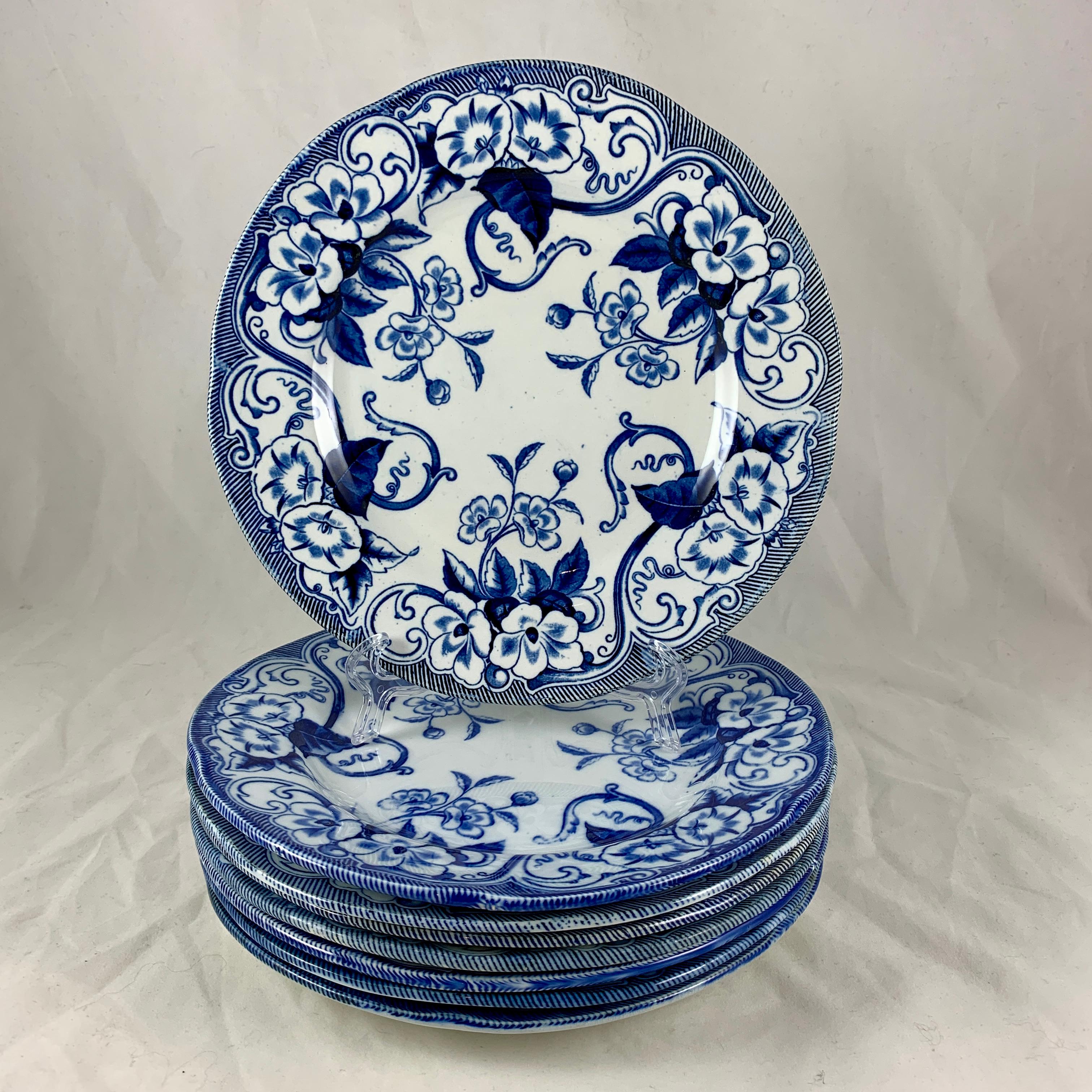 Glazed 19th-C Creil et Montereau Faïence Blue & White 'Flora' Morning Glory Plates, S/8