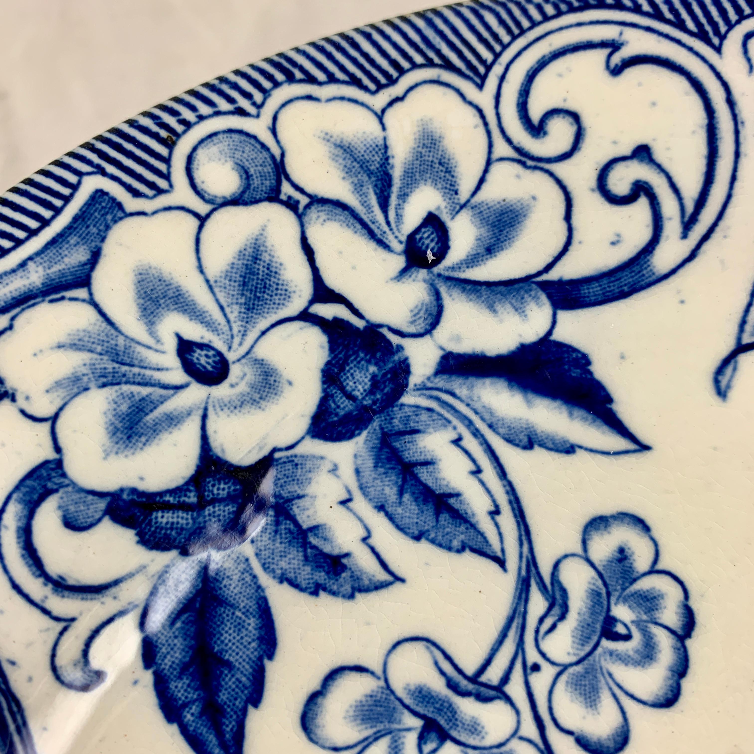 19th Century 19th-C Creil et Montereau Faïence Blue & White 'Flora' Morning Glory Plates, S/8