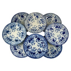 19th-C Creil et Montereau Faïence Blue & White 'Flora' Morning Glory Plates, S/8