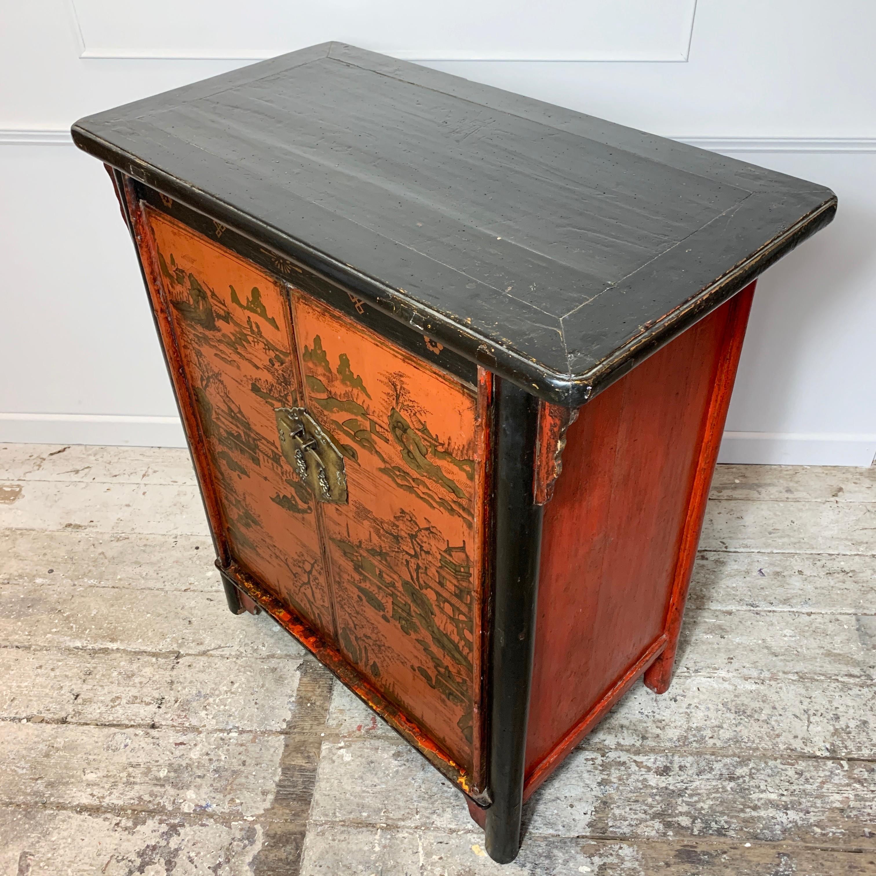 Hand-Crafted 19th Century Crimson Red On Black, Chinoiserie Cabinet For Sale