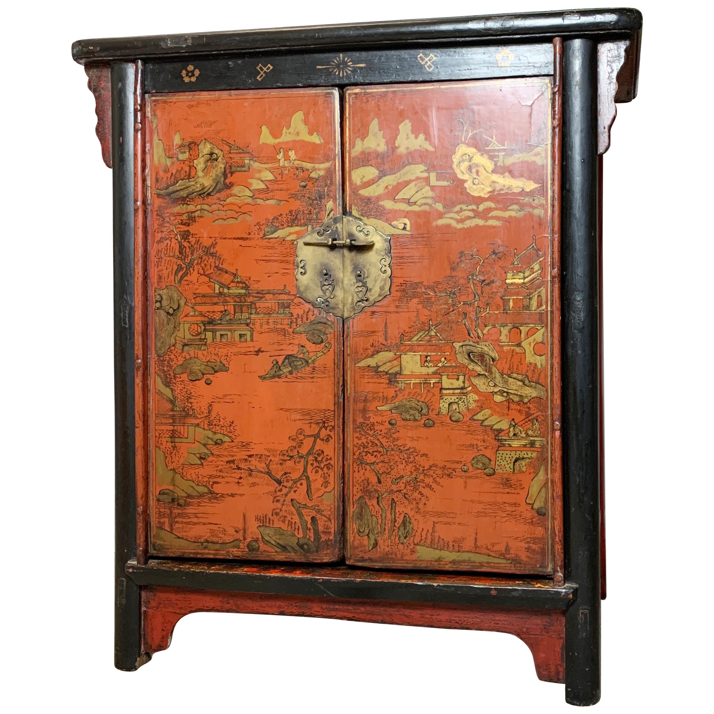 19th Century Crimson Red On Black, Chinoiserie Cabinet
