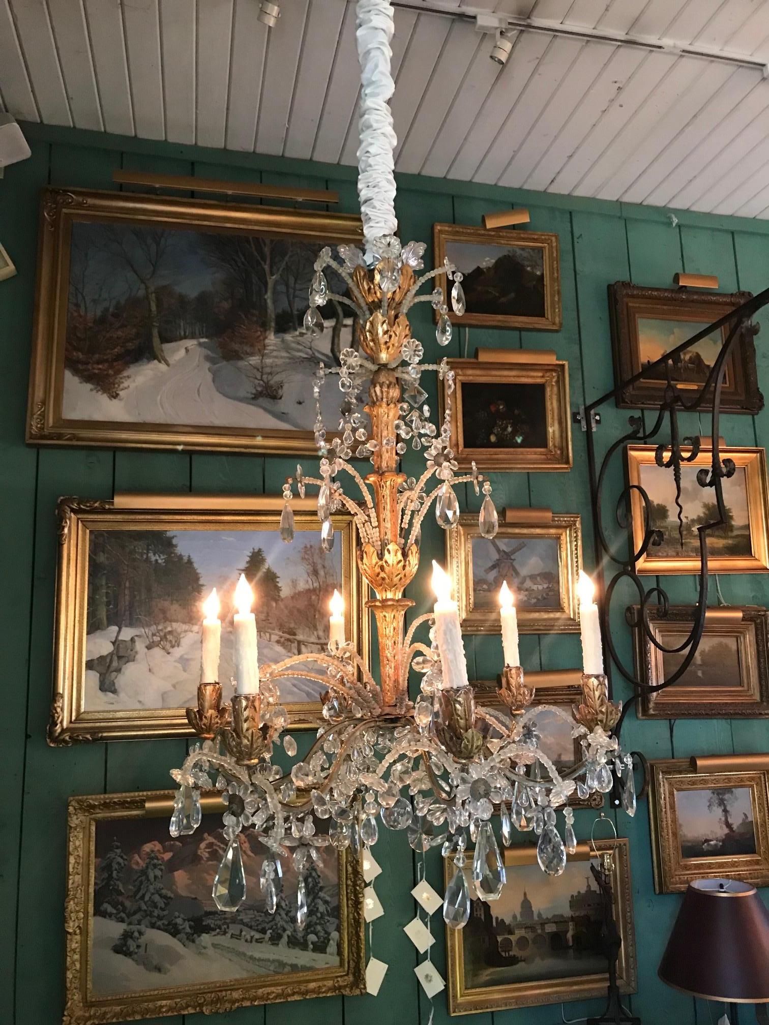 Crystal Genovese Italian Hand Carved Hanging Ceiling Light Pendant Chandelier LA . Late 18th Century early 19th Century exceptional and real Italian from Genoa crystal glass six Light chandelier Genovese Perle with a nicely hand carved stem gilded