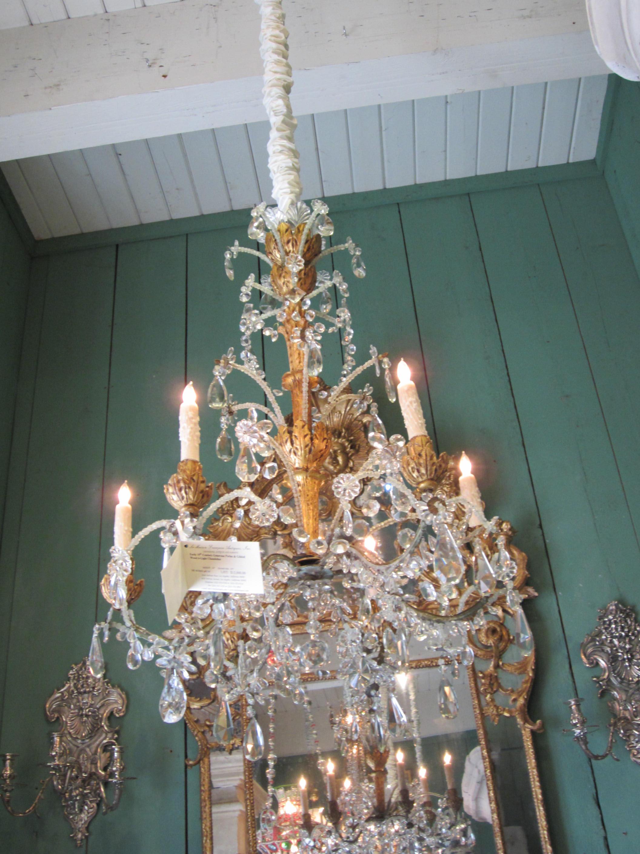 Hand-Carved Crystal Genovese Italian Hand Carved Hanging Ceiling Light Pendant Chandelier LA For Sale