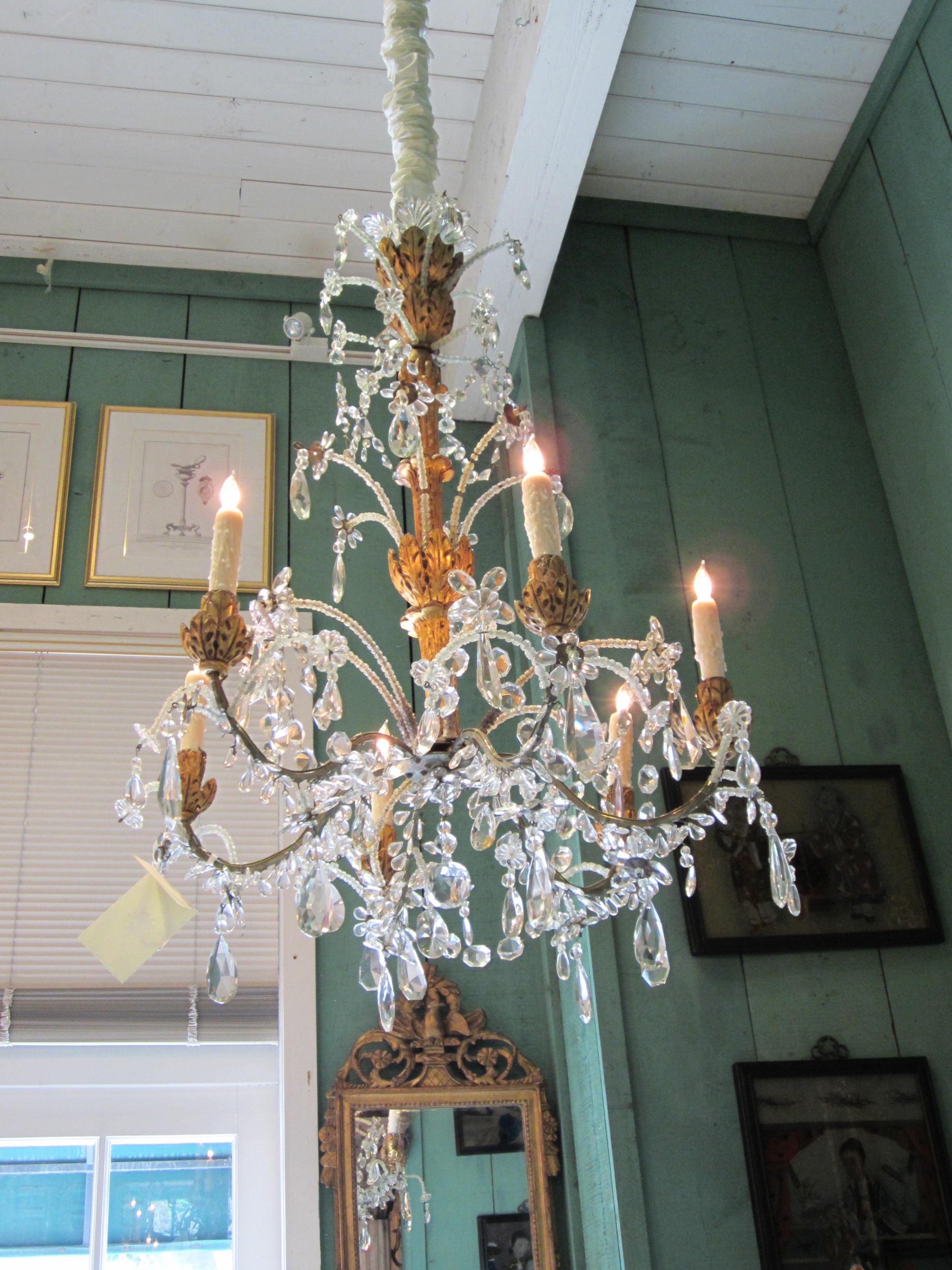 19th Century Crystal Genovese Italian Hand Carved Hanging Ceiling Light Pendant Chandelier LA For Sale