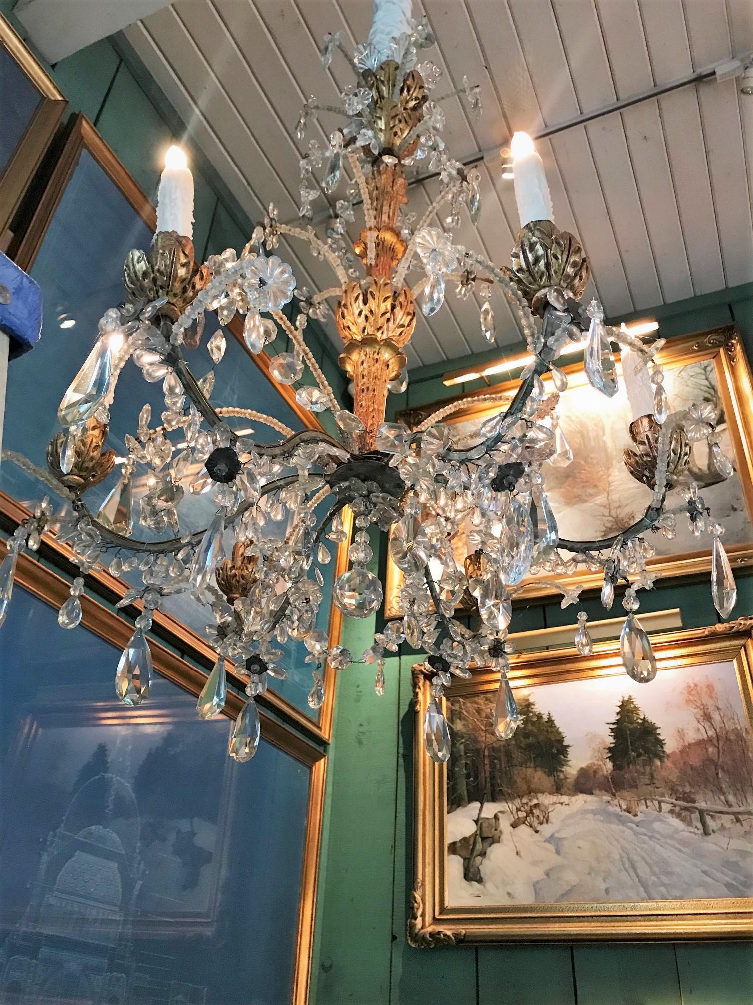 Metal Crystal Genovese Italian Hand Carved Hanging Ceiling Light Pendant Chandelier LA For Sale