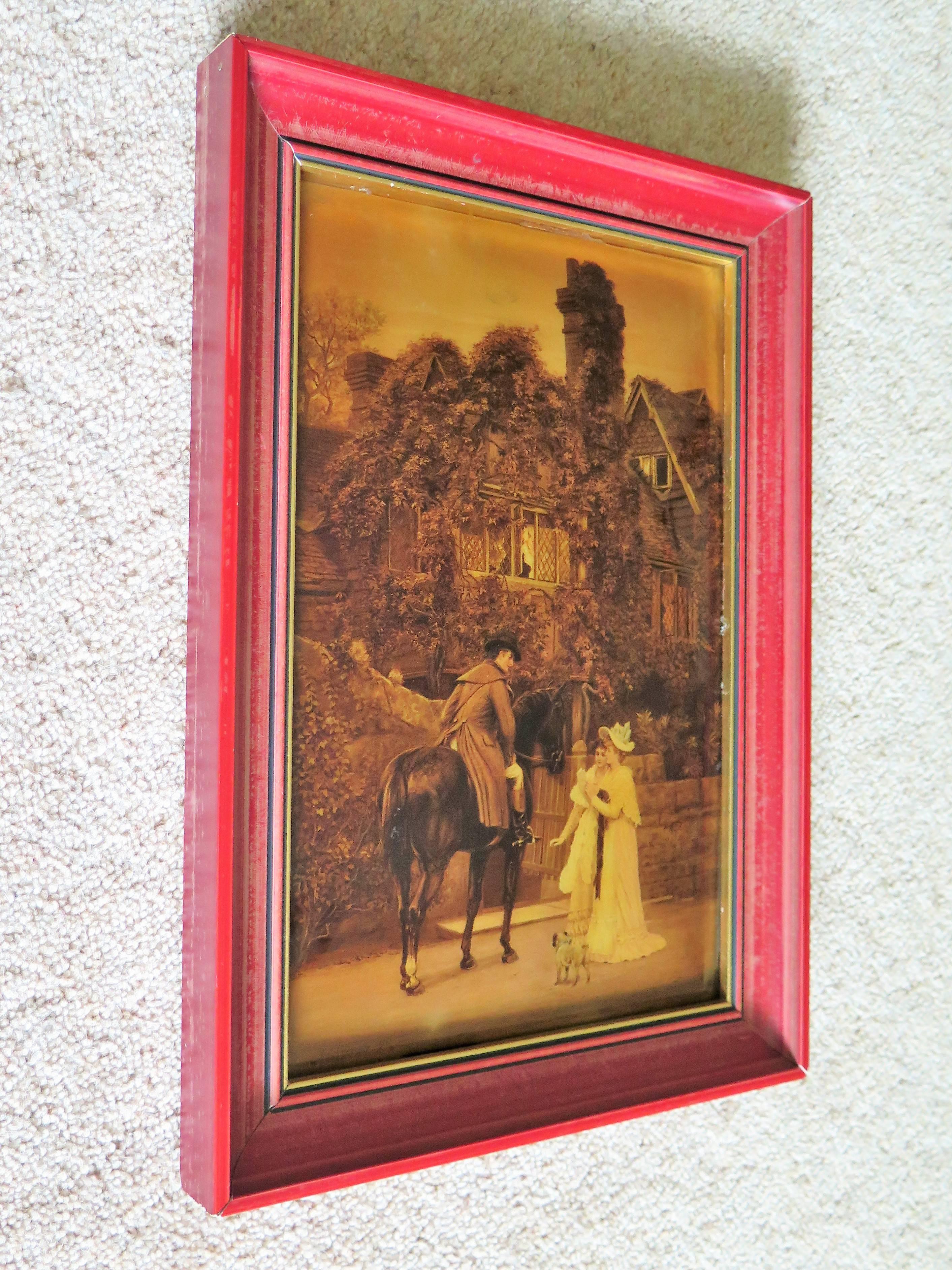 This is a very decorative Victorian period Crystoleum picture after A L Vernon called The Messenger to The Heiress and dating to the late Victorian period, 1896 

The crystoleum is in a red painted wood frame.

Arthur Langley or Longley Vernon was a