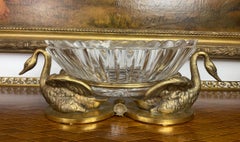 19th C. Cut-Crystal & Gilt Bronze Swan Centerpieces by Elkington