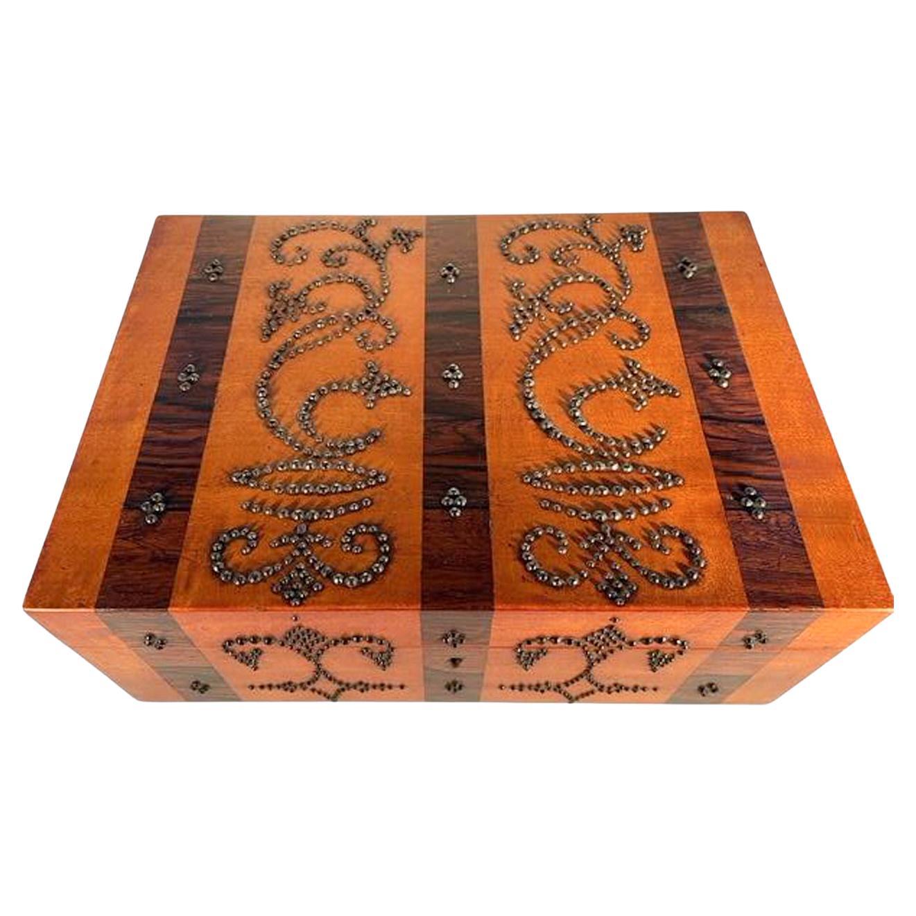 19th C. Cut Steel Decorated Satinwood and Rosewood Palais Royal Jewelry Box For Sale