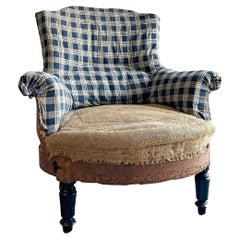 19th C. Deconstructed Blue Plaid Napoleon III Armchair
