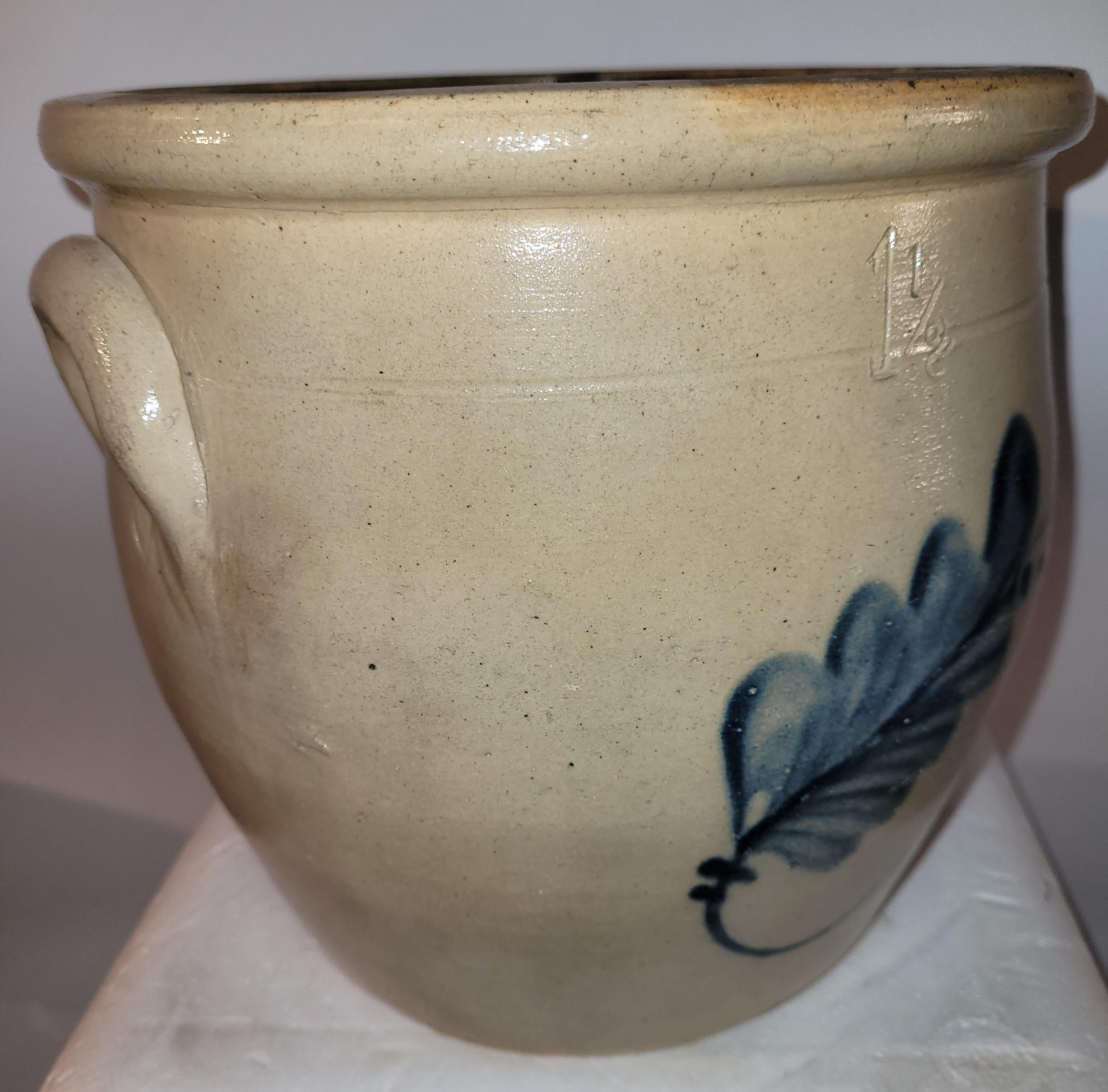 Adirondack 19th C Decorated Stoneware Crock with Flower For Sale