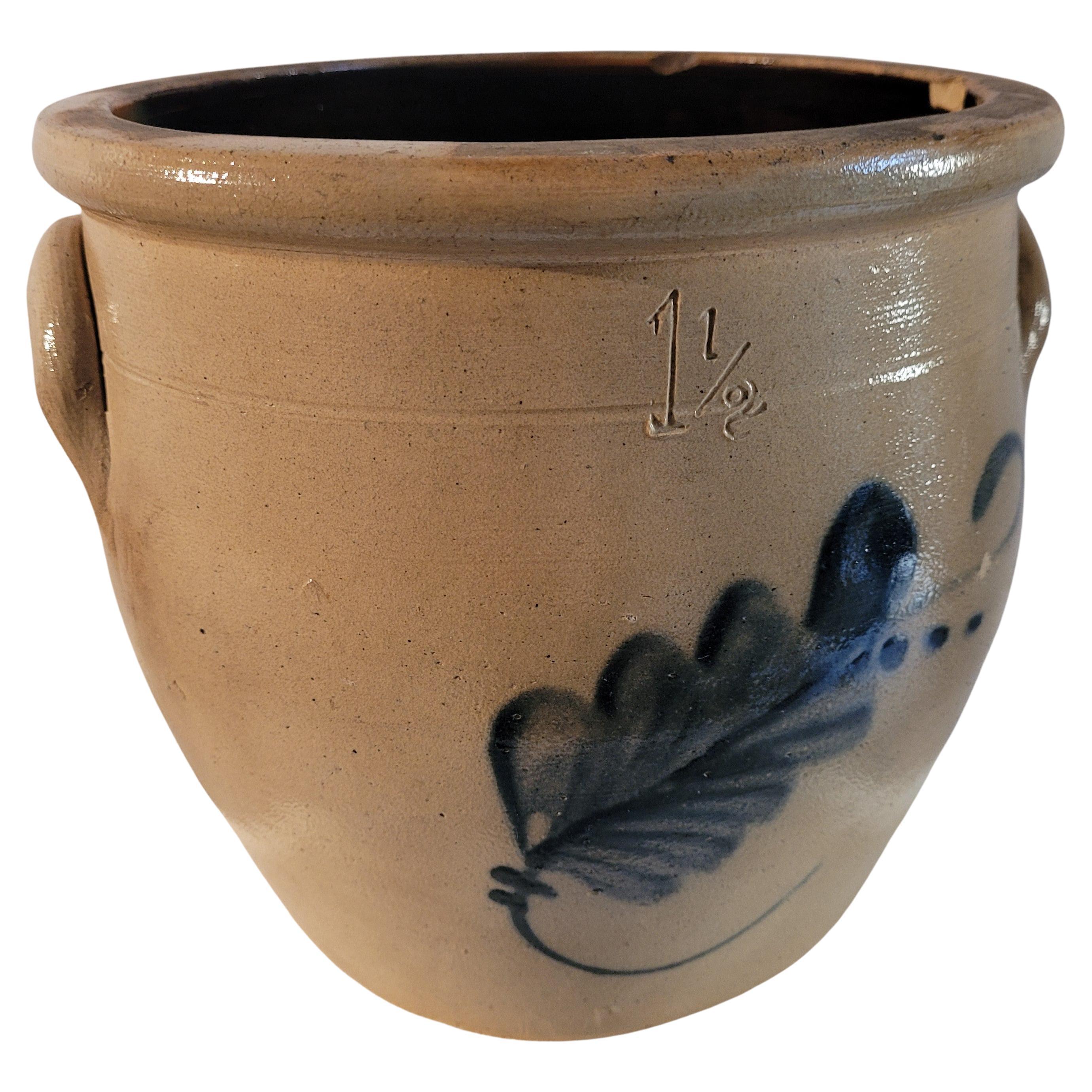 19th C Decorated Stoneware Crock with Flower For Sale