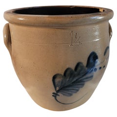 Used 19th C Decorated Stoneware Crock with Flower