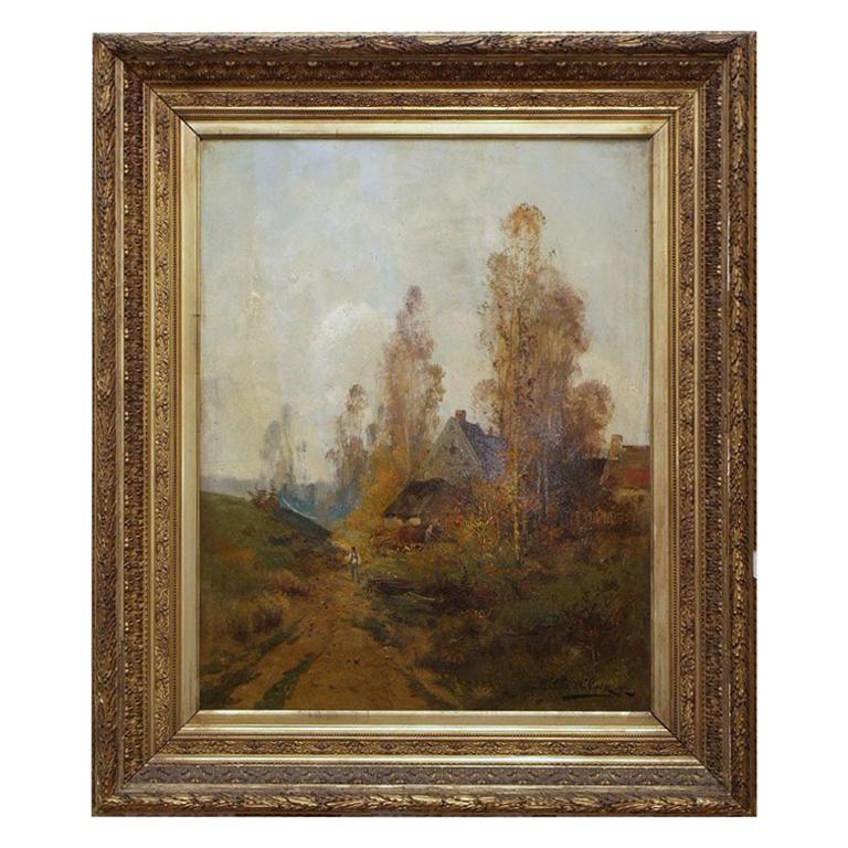 19TH C DECORATIVE OIL ON CANVAS LANDSCAPE For Sale at 1stDibs