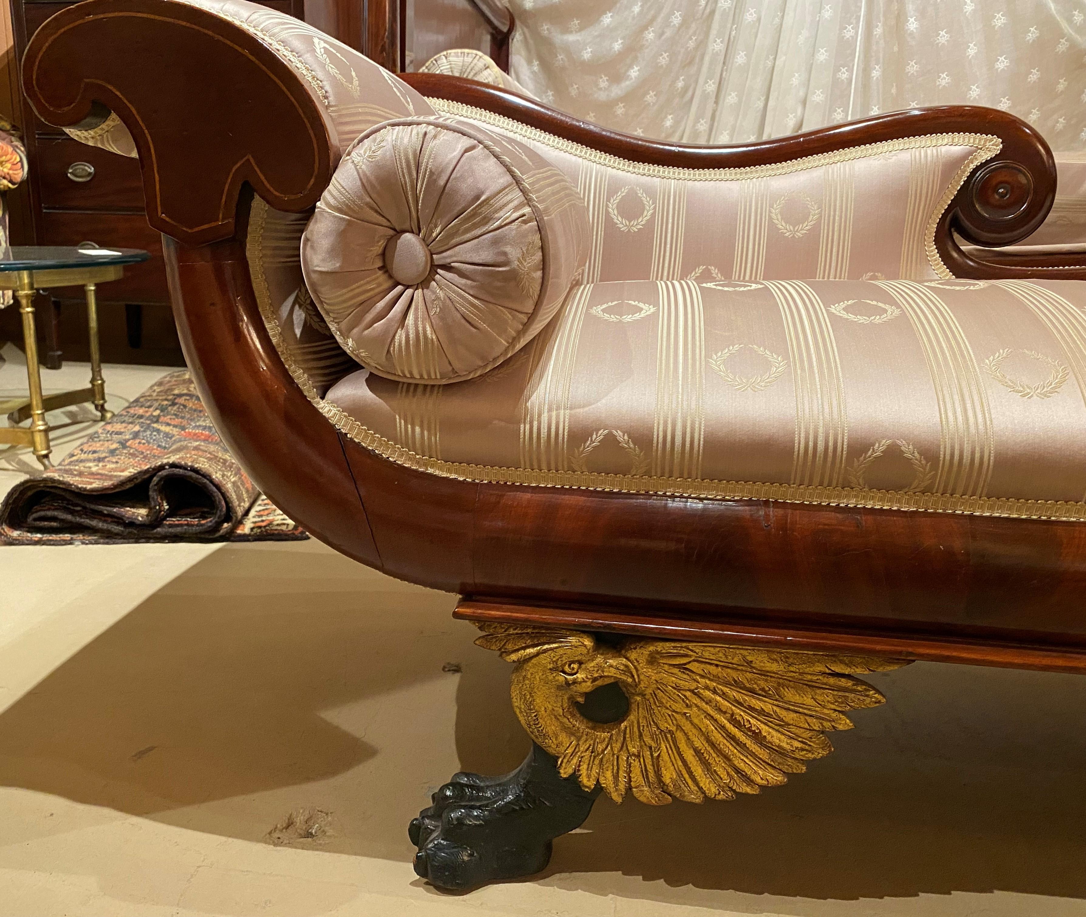 Upholstery 19th C Diminutive Classical Mahogany Recamier with Gilt Eagle & Claw Feet
