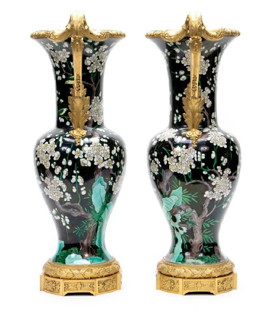 French 19th Century Dore Bronze Mounted Famille Noir Vases