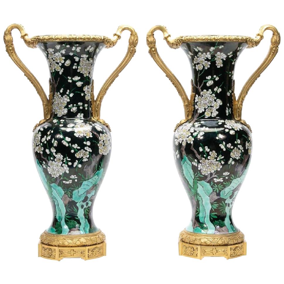 19th Century Dore Bronze Mounted Famille Noir Vases