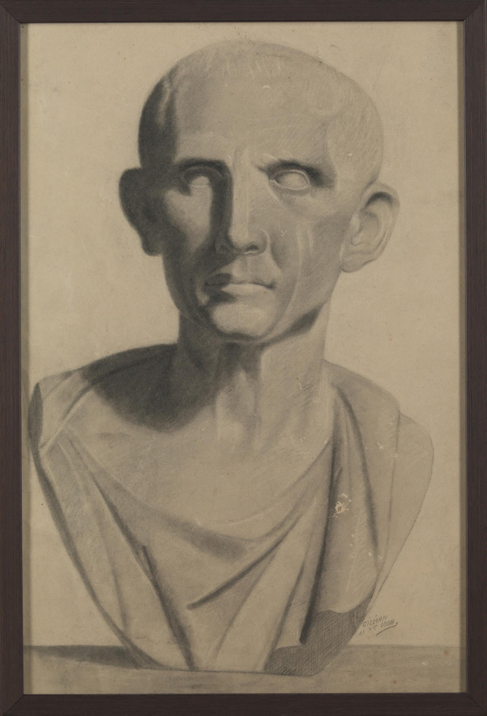 Disegno di uno sconosciuto studente dell'accademia del XIX secolo, matita su carta, incorniciato, firmato e datato.