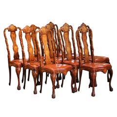 19th C. Dutch Baroque Walnut Inlaid Dining Chairs with Leather Seats, Set of 10