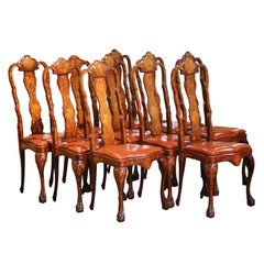 19th C. Dutch Baroque Walnut Inlaid Dining Chairs with Leather Seats, Set of 10