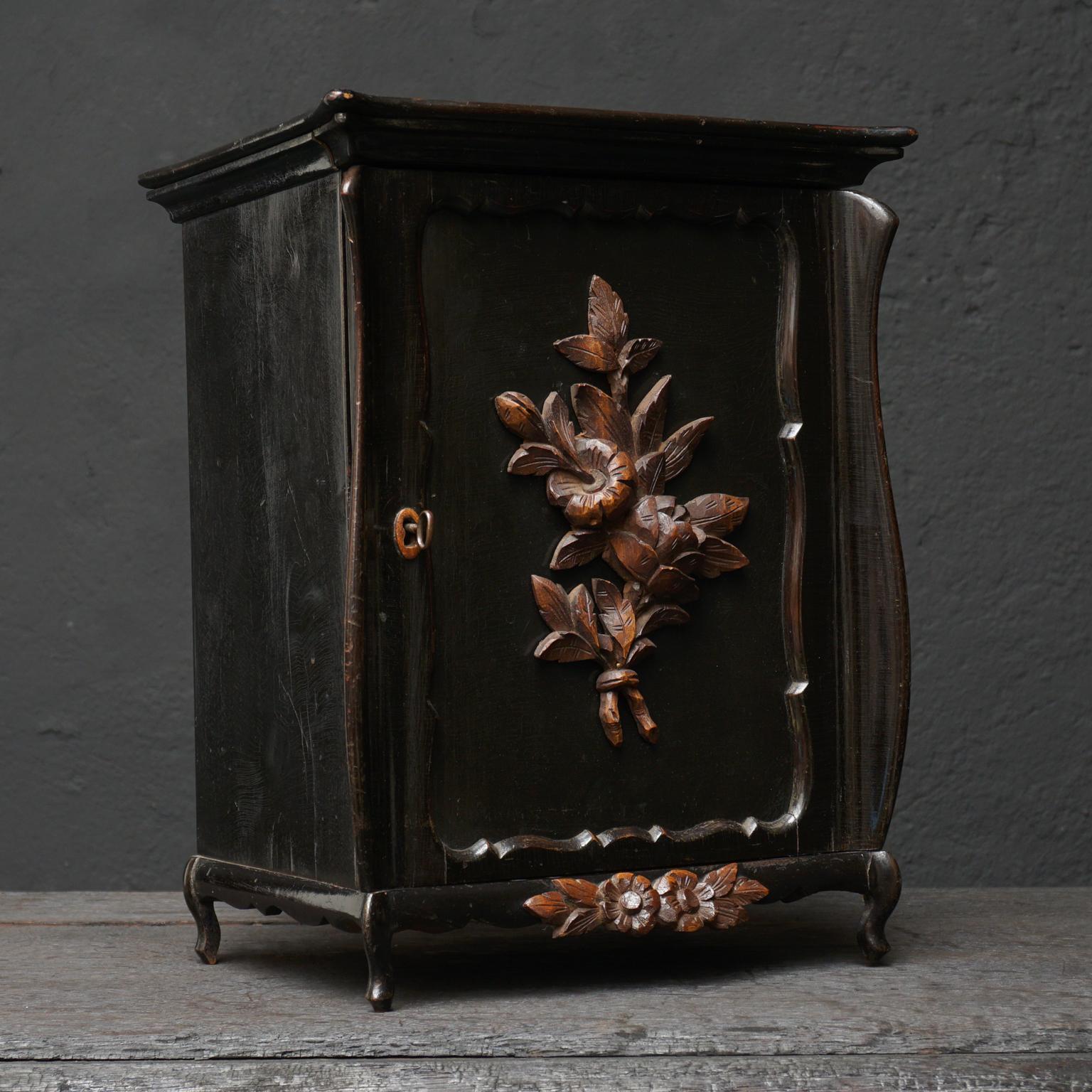 Victorian Dutch Blackened Oak, Mahogany and Walnut Wood Cigar Cabinet with Drawers