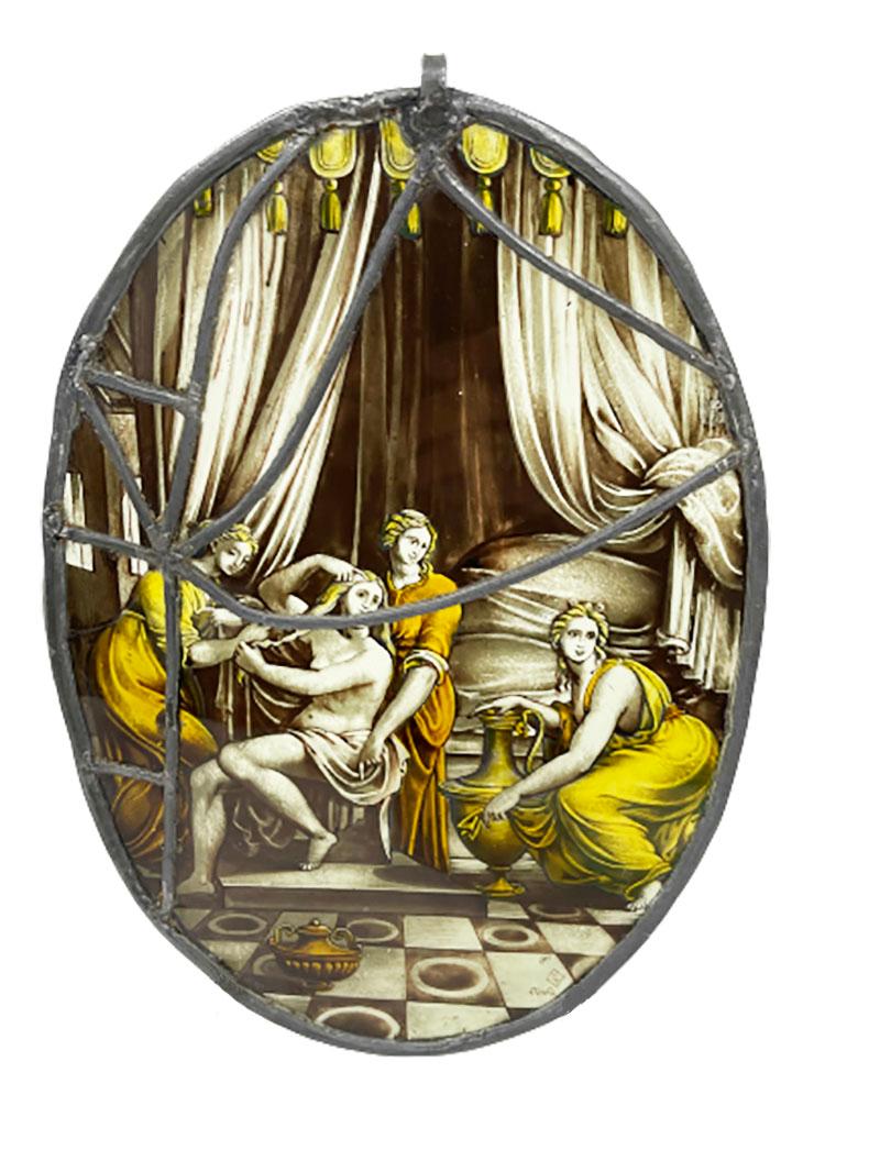 19th Century 19th C Dutch Oval Fire-Painted Stained Glass Windows by Jan Schouten Delft For Sale