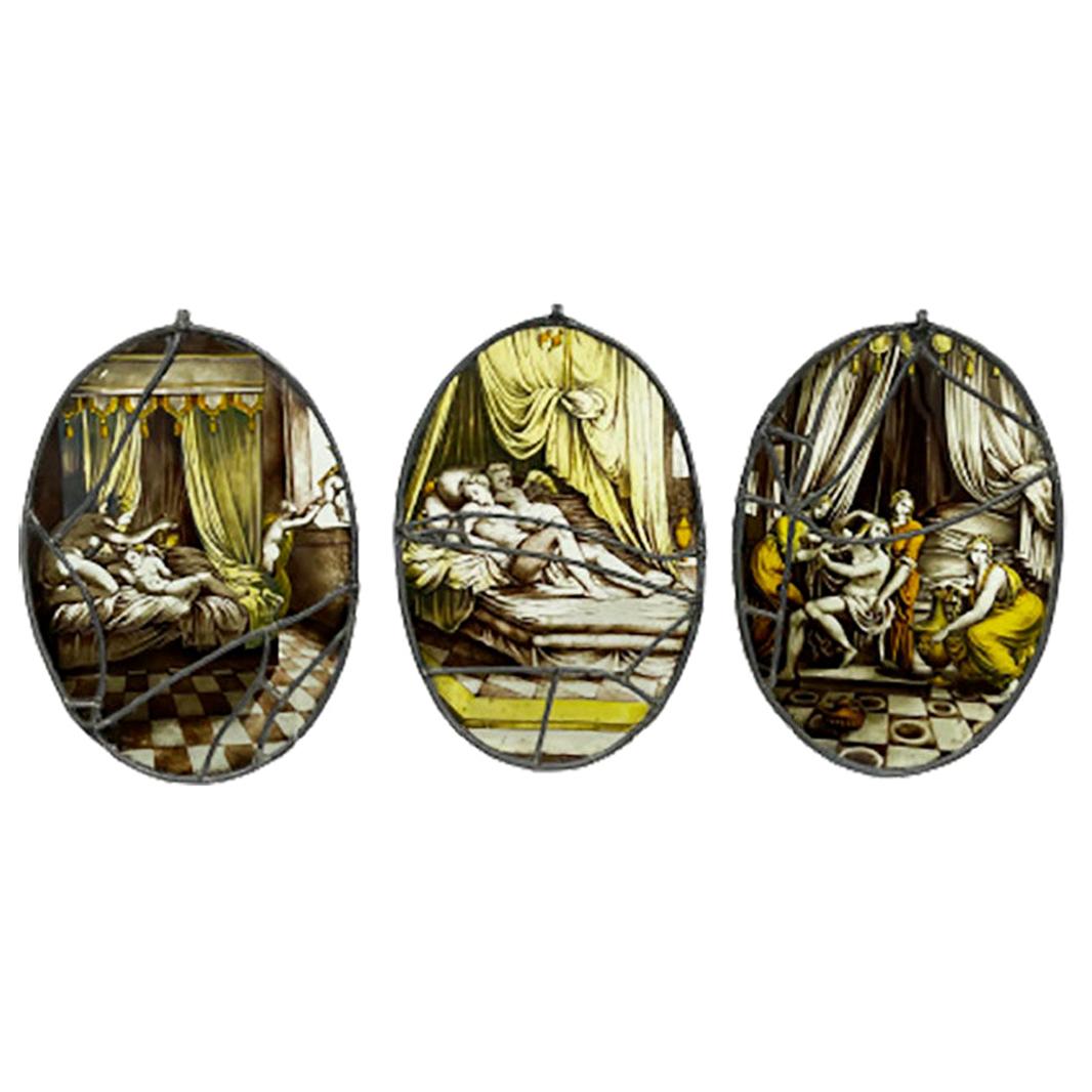 19th C Dutch Oval Fire-Painted Stained Glass Windows by Jan Schouten Delft For Sale