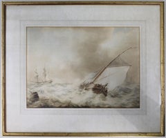19th c. Dutch Seascape Watercolour Painting by Martinus Schouman