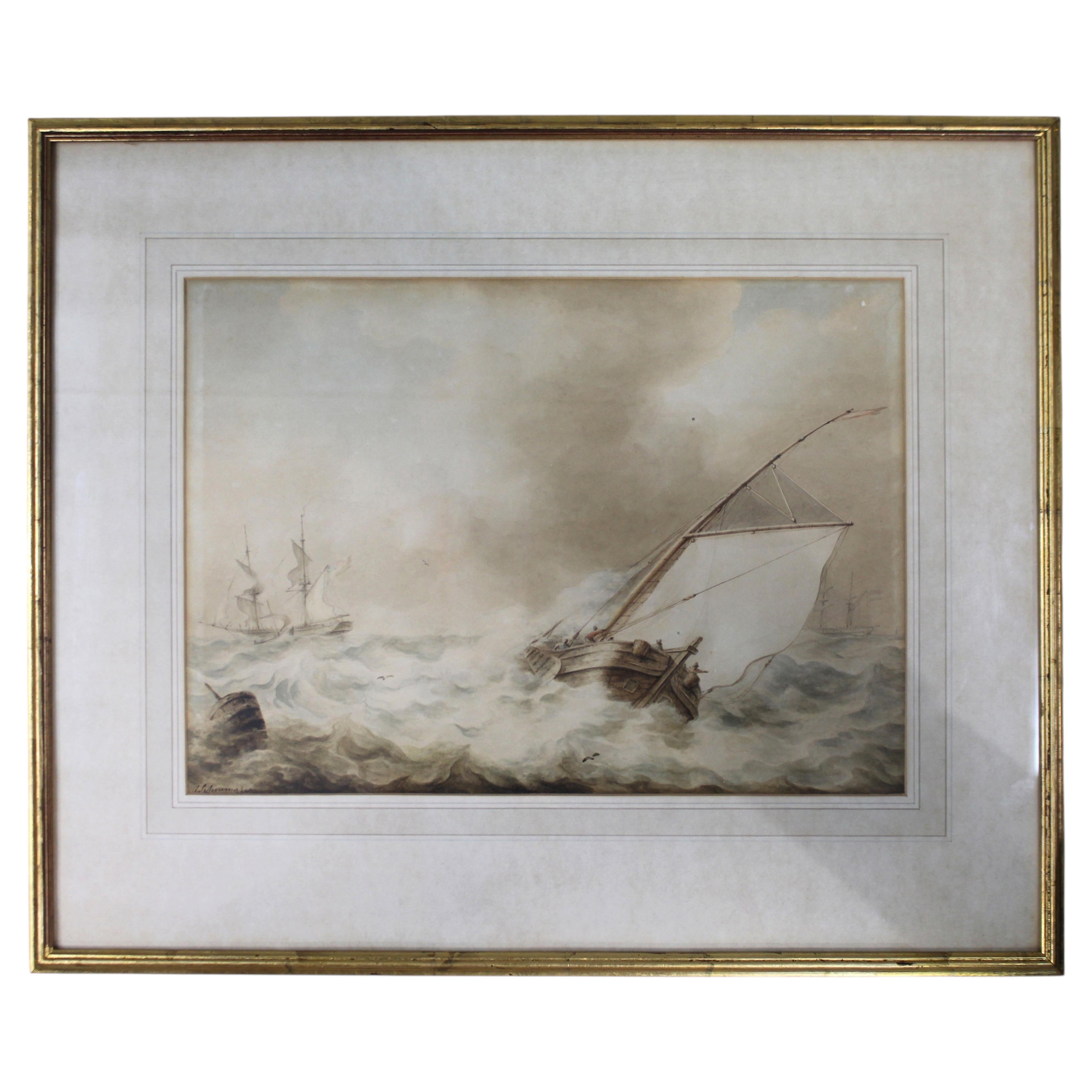 19th c. Dutch Seascape Watercolour Painting by Martinus Schouman For Sale