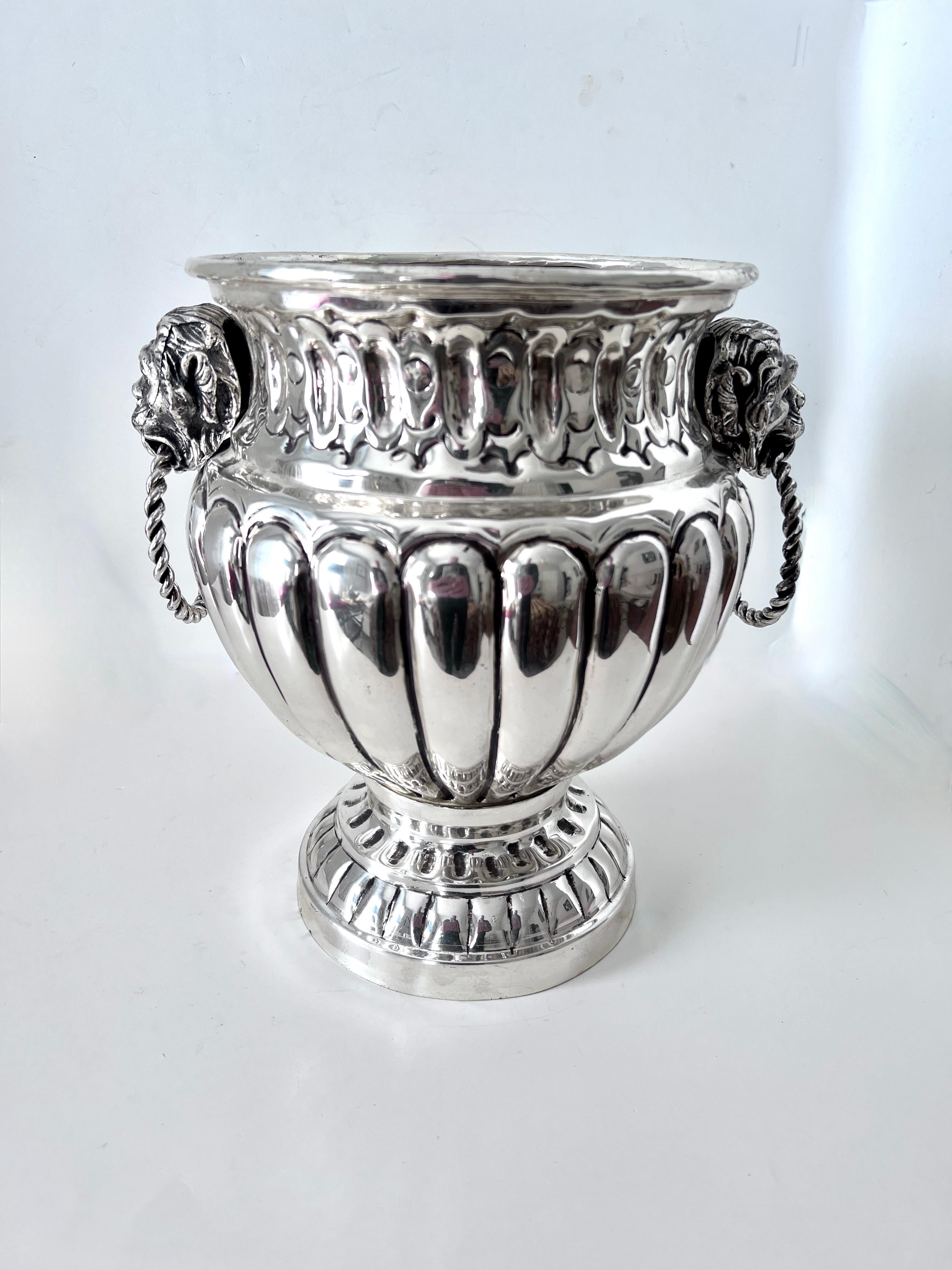 Danish 19th C .Dutch Silver Plate Ribbed Repoussé Champagne Ice Bucket with Lion Handle For Sale