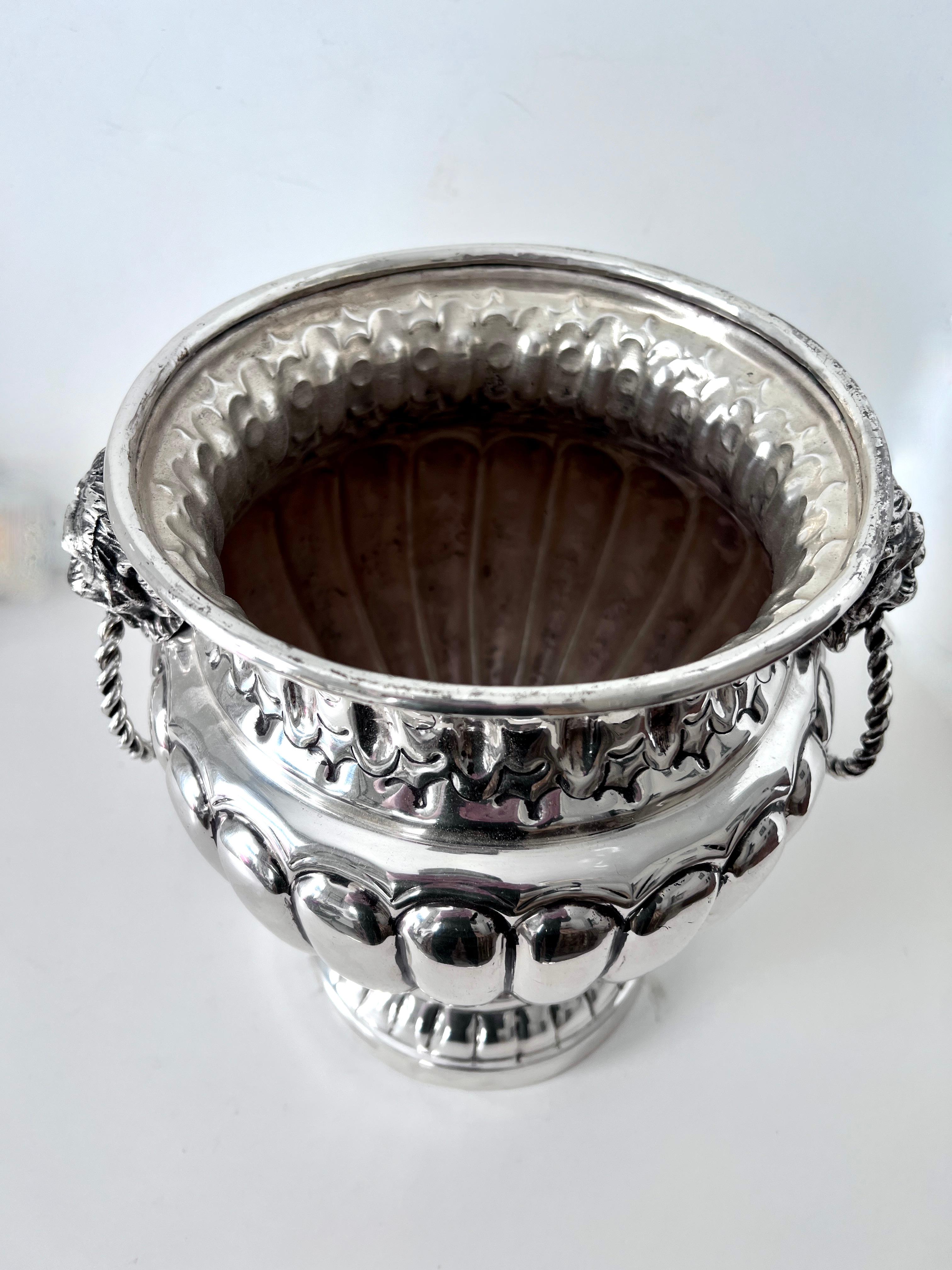 Hand-Crafted 19th C .Dutch Silver Plate Ribbed Repoussé Champagne Ice Bucket with Lion Handle For Sale