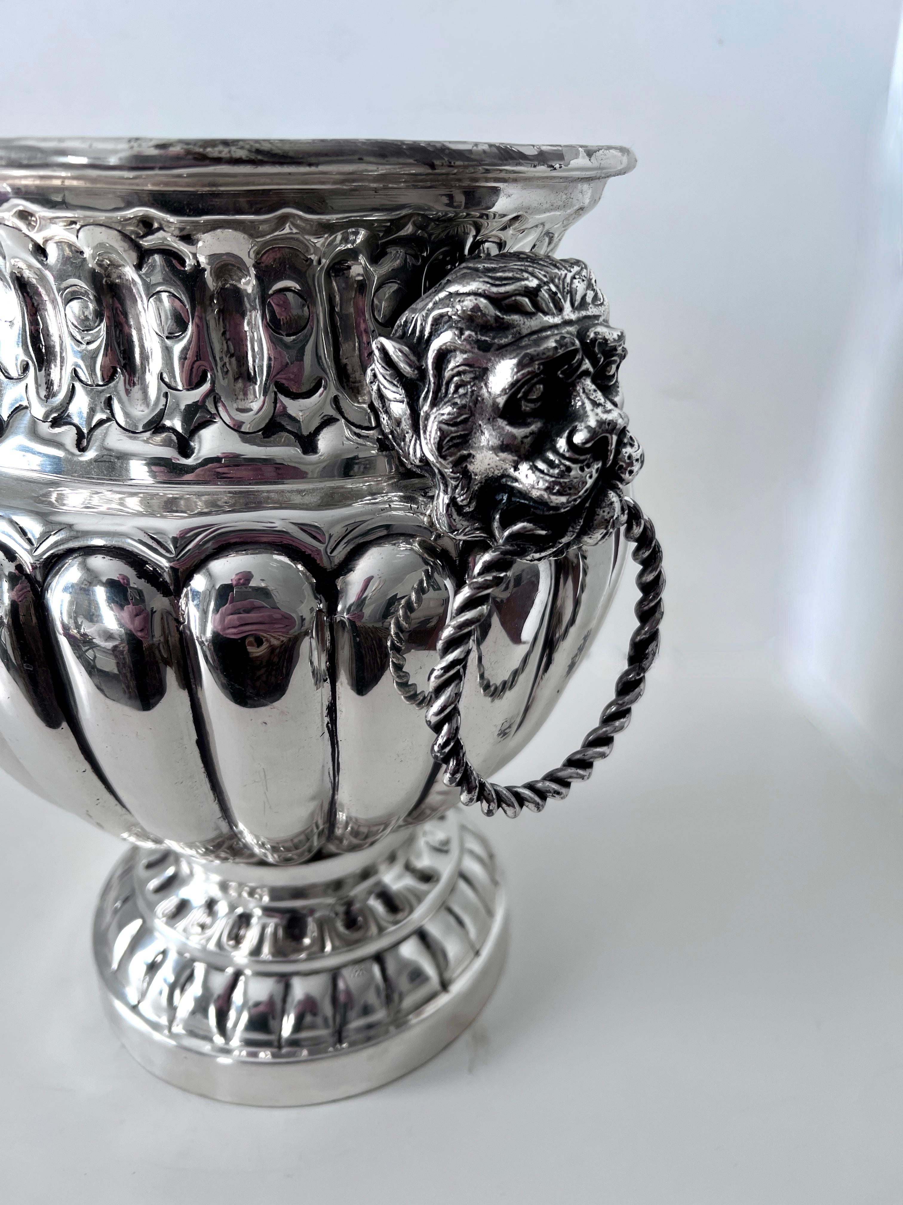 19th Century 19th C .Dutch Silver Plate Ribbed Repoussé Champagne Ice Bucket with Lion Handle For Sale