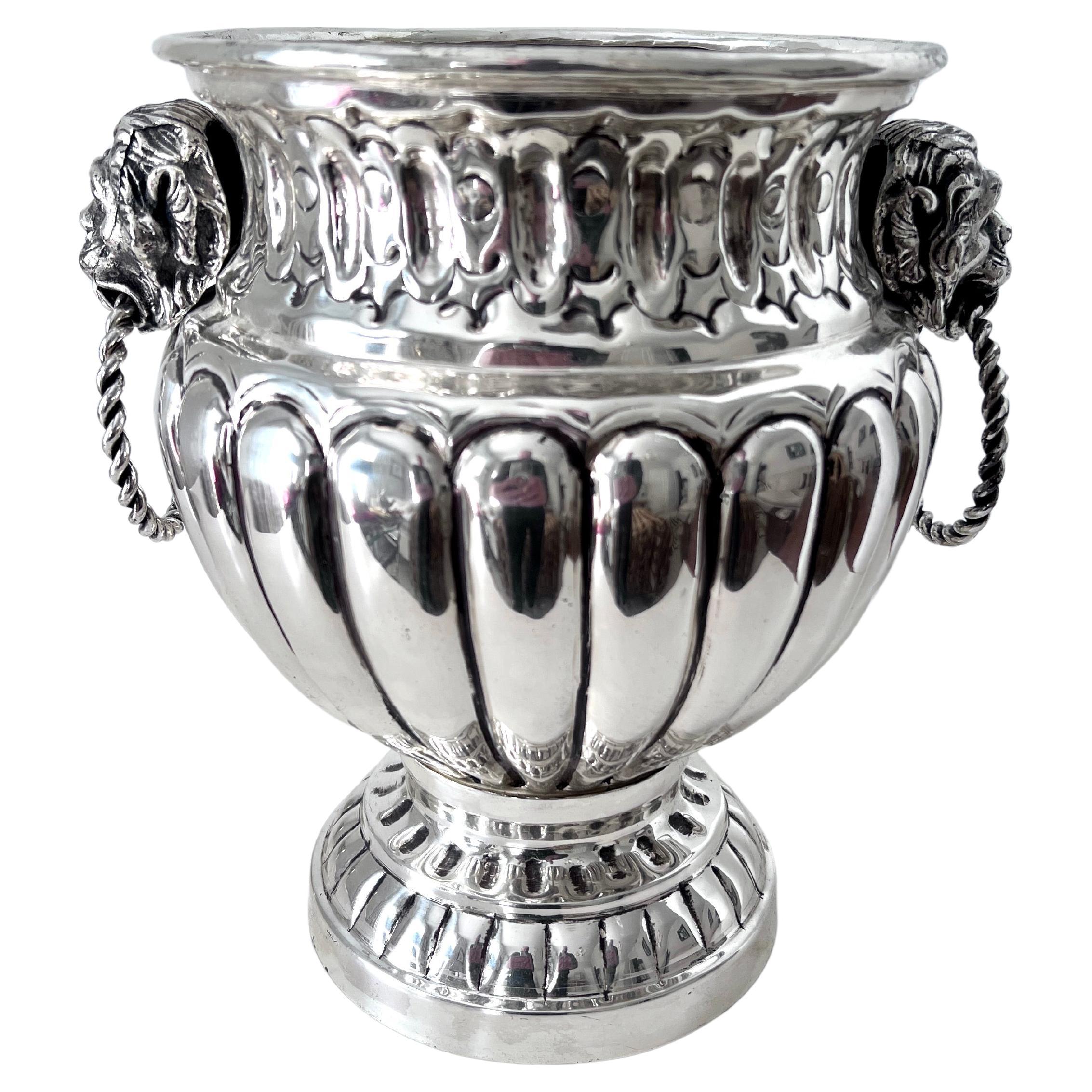 19th C .Dutch Silver Plate Ribbed Repoussé Champagne Ice Bucket with Lion Handle For Sale
