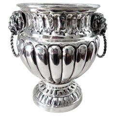 19th C .Dutch Silver Plate Ribbed Repoussé Champagne Ice Bucket with Lion Handle