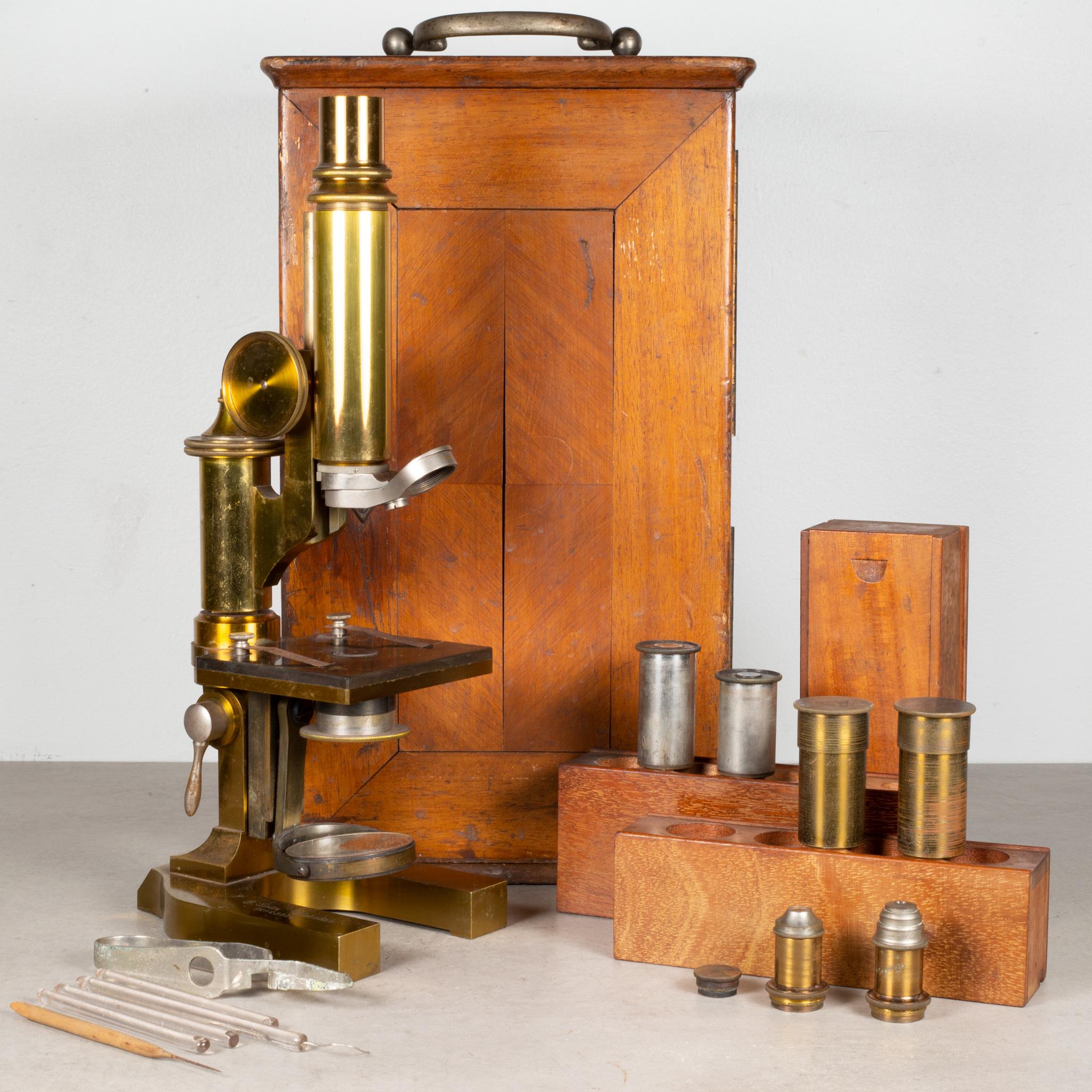 About

An original Victorian era solid brass microscope and traveling case. The microscope functions properly and smoothly raises up and down over the solid bronze stage. The mirror underneath swings right and left and rotates to different