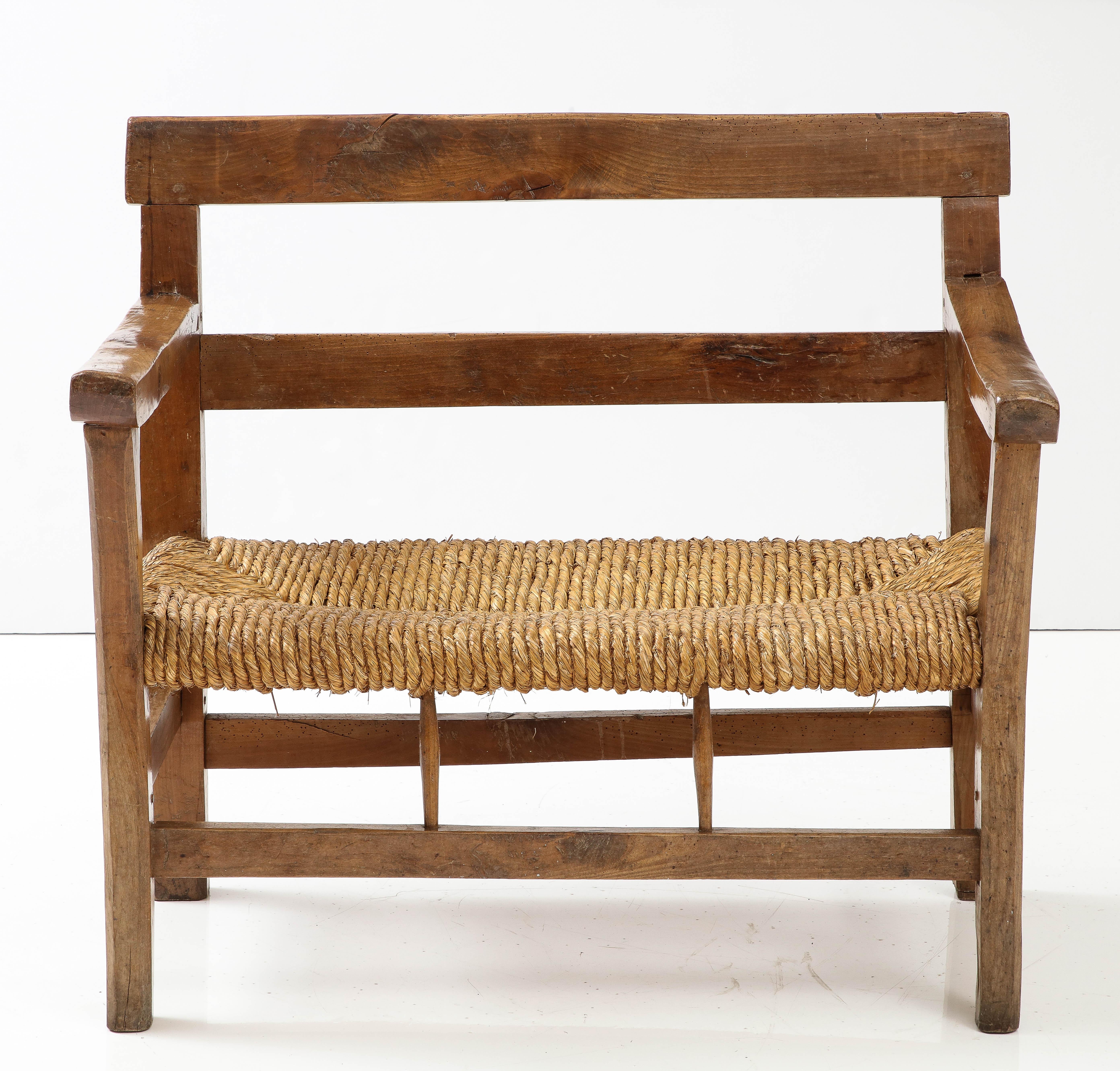 19th C./ early 20th C. French Solid wood bench with thatched seat (original!), Rhone Alps/Provence Region

Measures: H: 33.5 D: 22.75 W: 37.5 in.