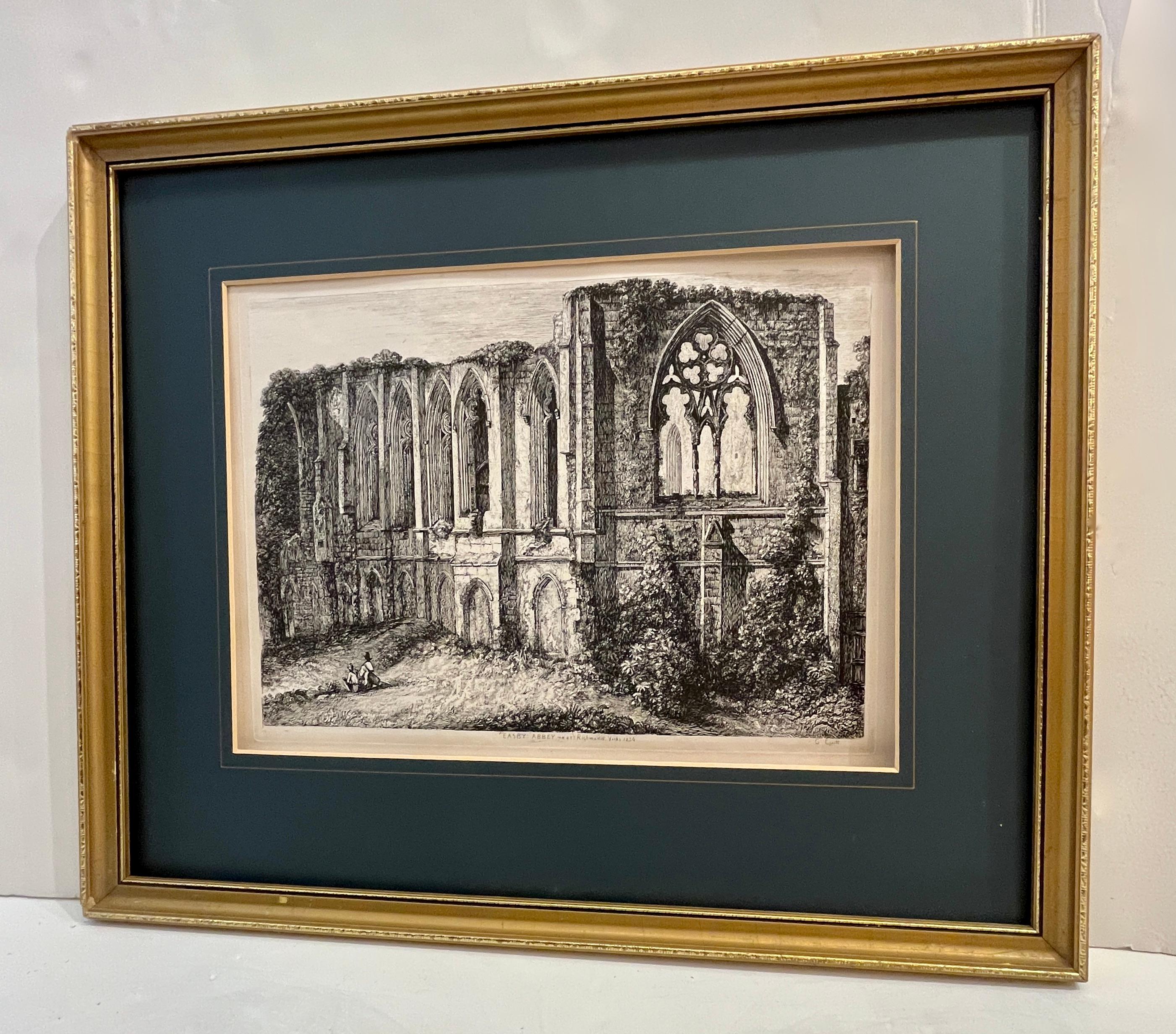 19. Jh. Easby Abbey English Antique Gold Framed Green Mat Black White Engraving im Angebot 4
