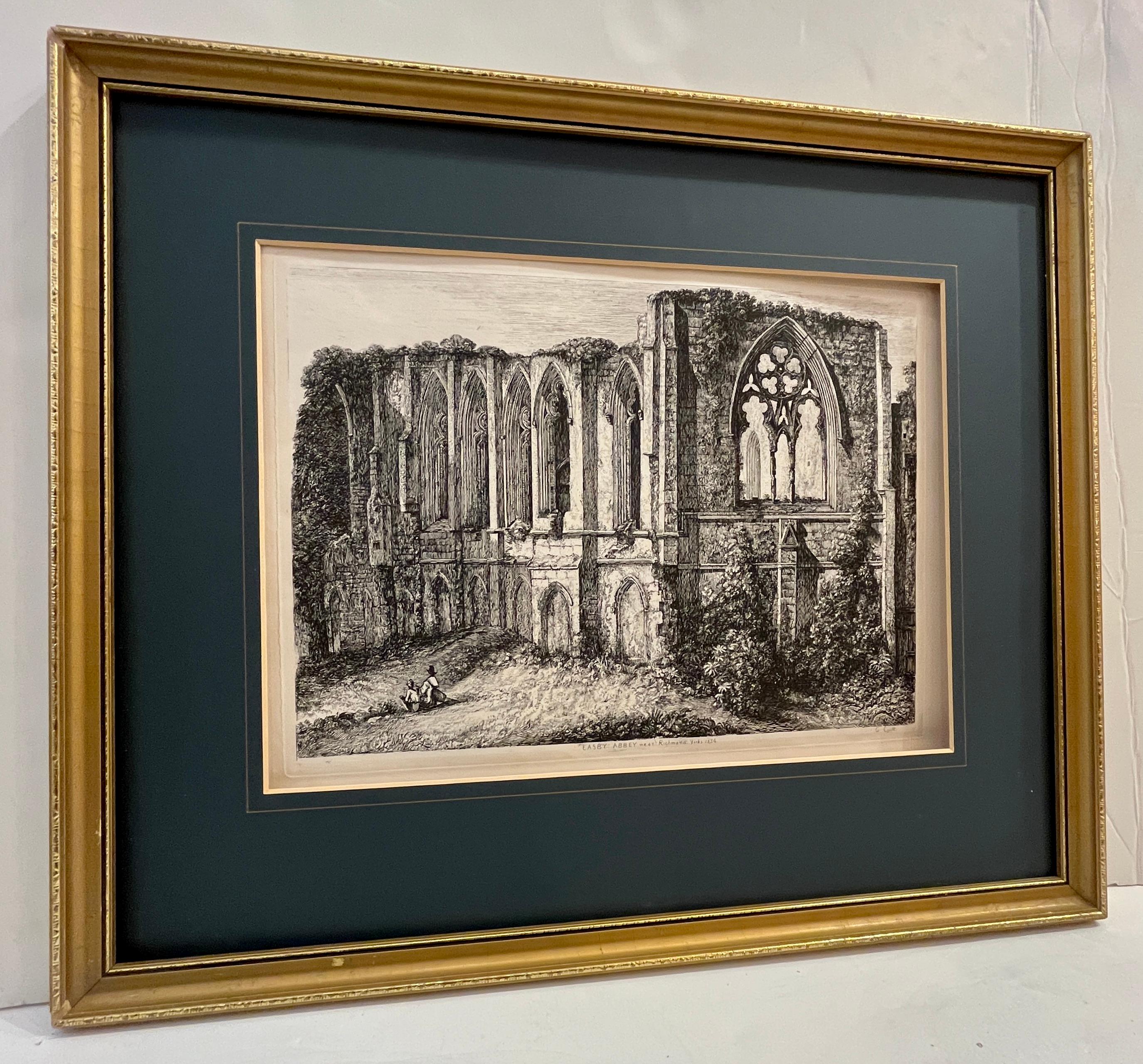 Ein meisterhaft ausgeführter georgianischer Kupferstich von George Cuit (Brite, 1779-circa 1840) mit dem Titel Easby Abbey Near Richmond, Yorks, datiert 1834. Dieses Werk zeigt die romantische Ruine von Easby Abbey in North Yorkshire mit