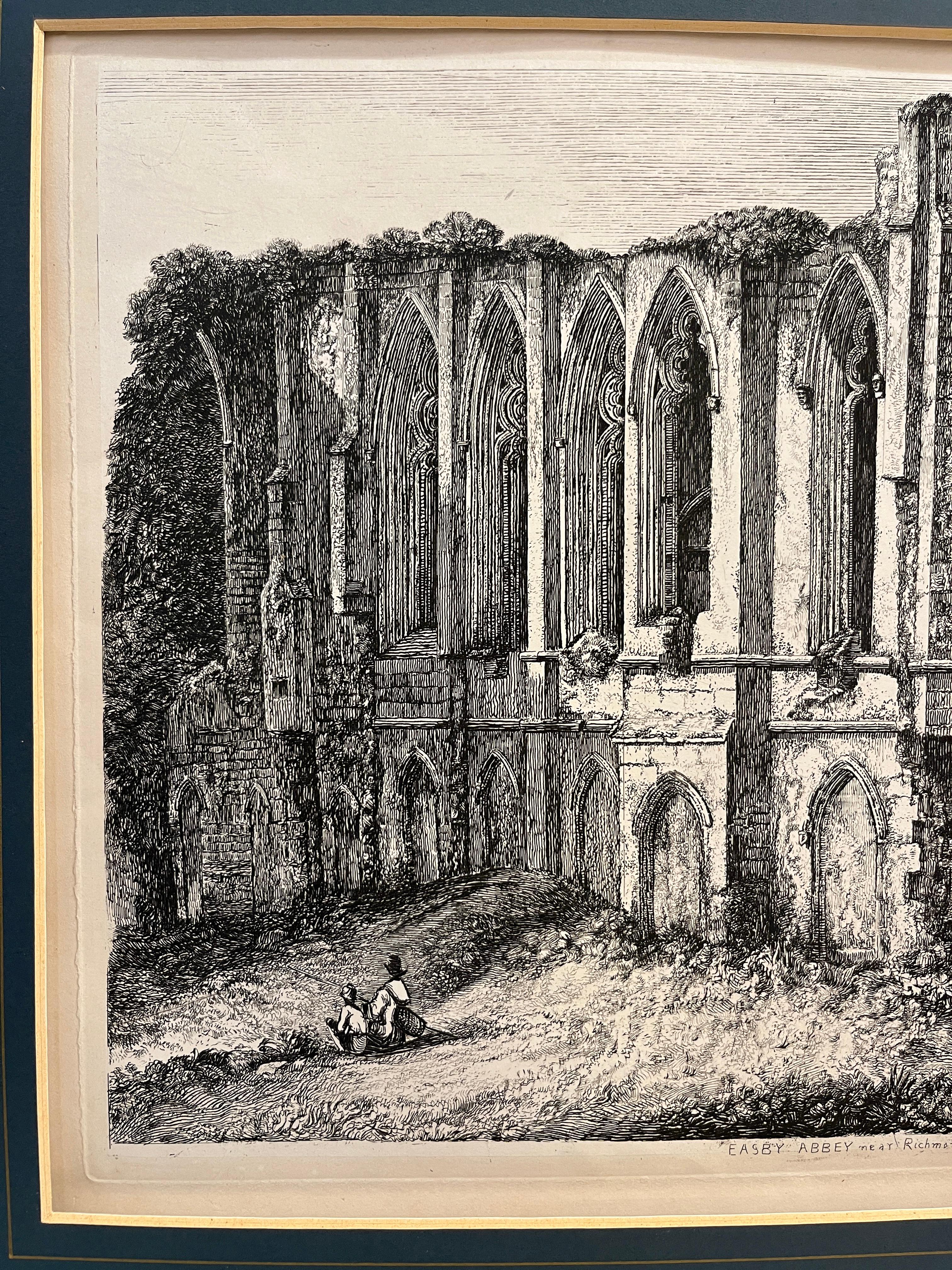 19. Jh. Easby Abbey English Antique Gold Framed Green Mat Black White Engraving (Romantik) im Angebot
