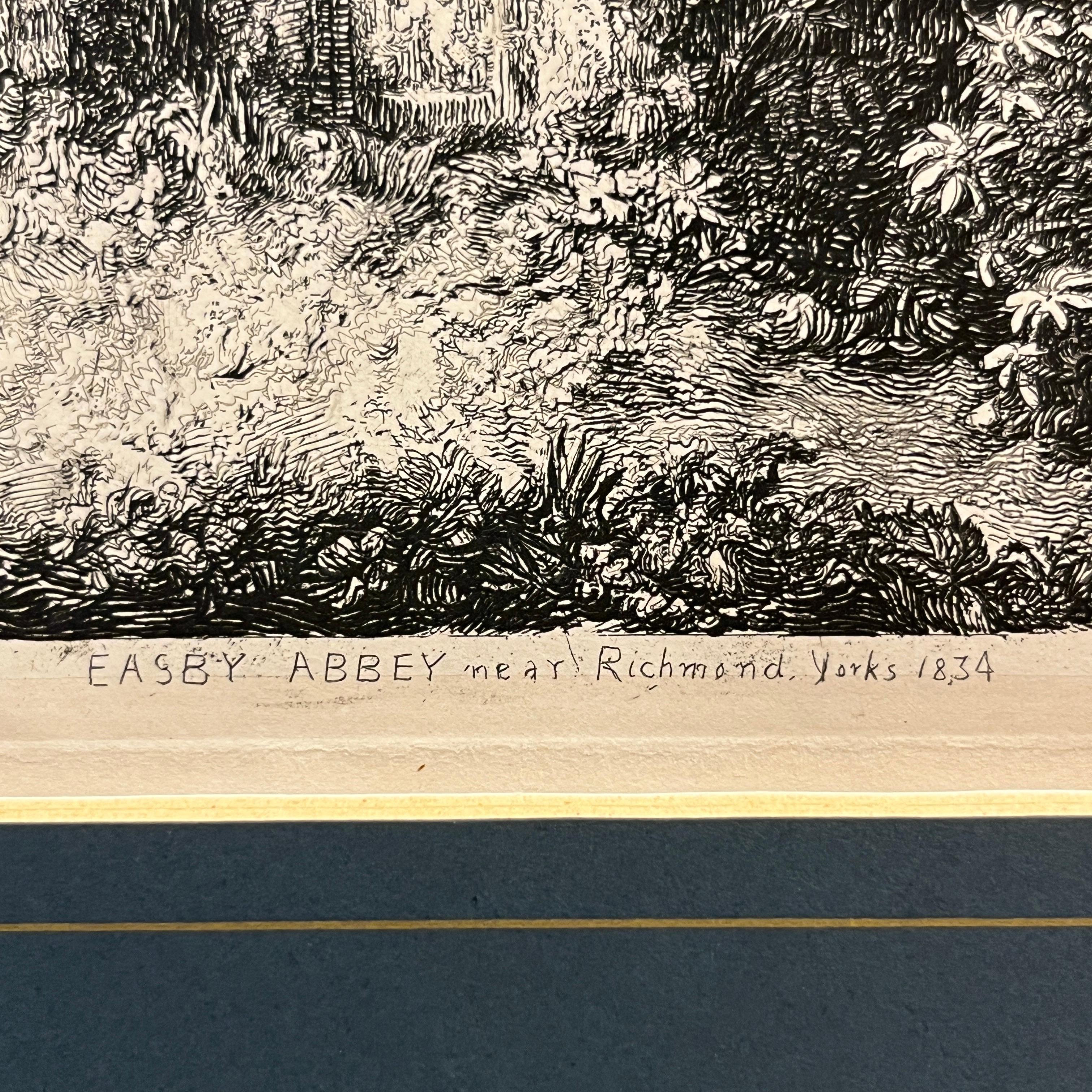 19. Jh. Easby Abbey English Antique Gold Framed Green Mat Black White Engraving (Britisch) im Angebot