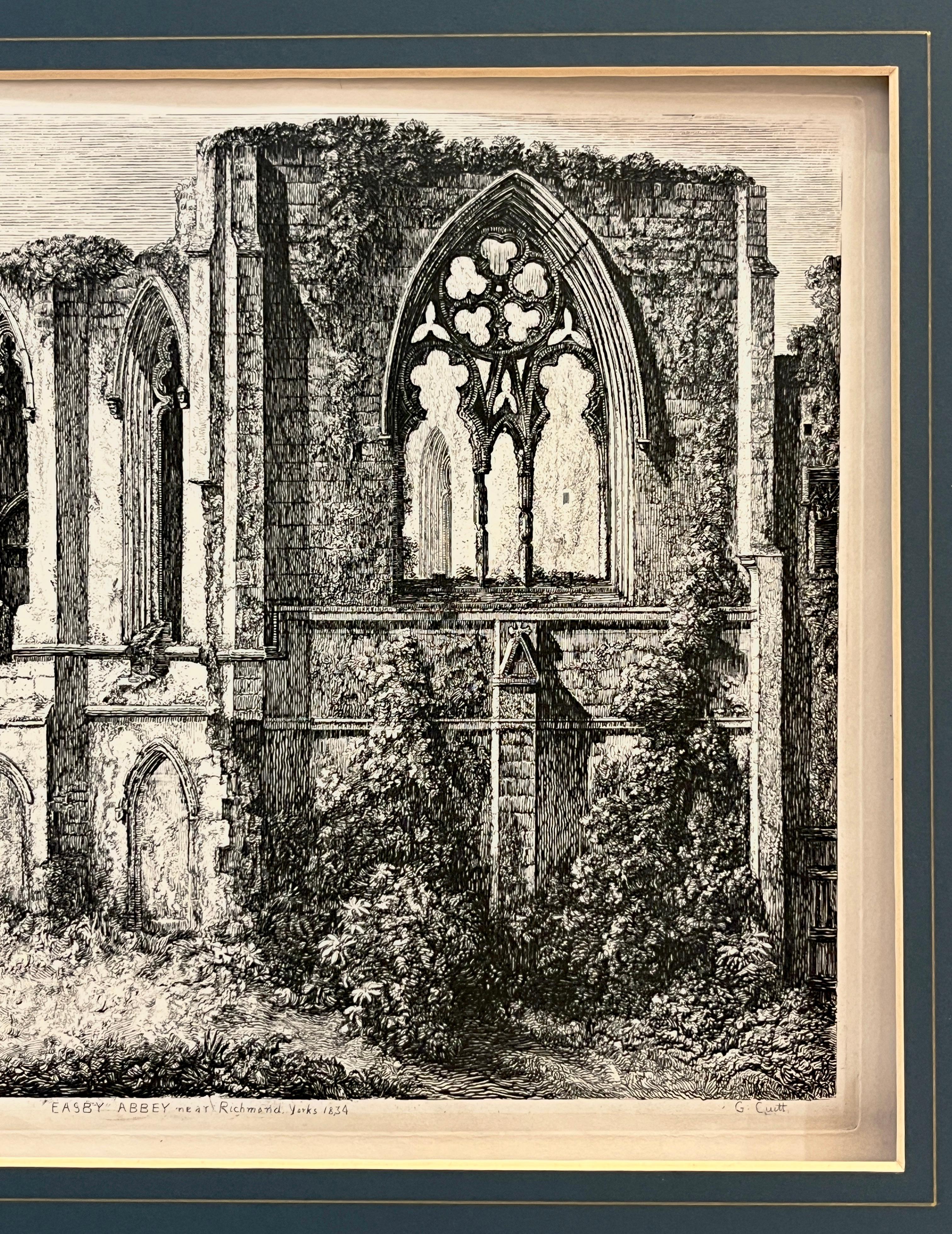 19. Jh. Easby Abbey English Antique Gold Framed Green Mat Black White Engraving (Handgefertigt) im Angebot