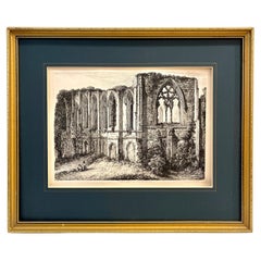19. Jh. Easby Abbey English Antique Gold Framed Green Mat Black White Engraving