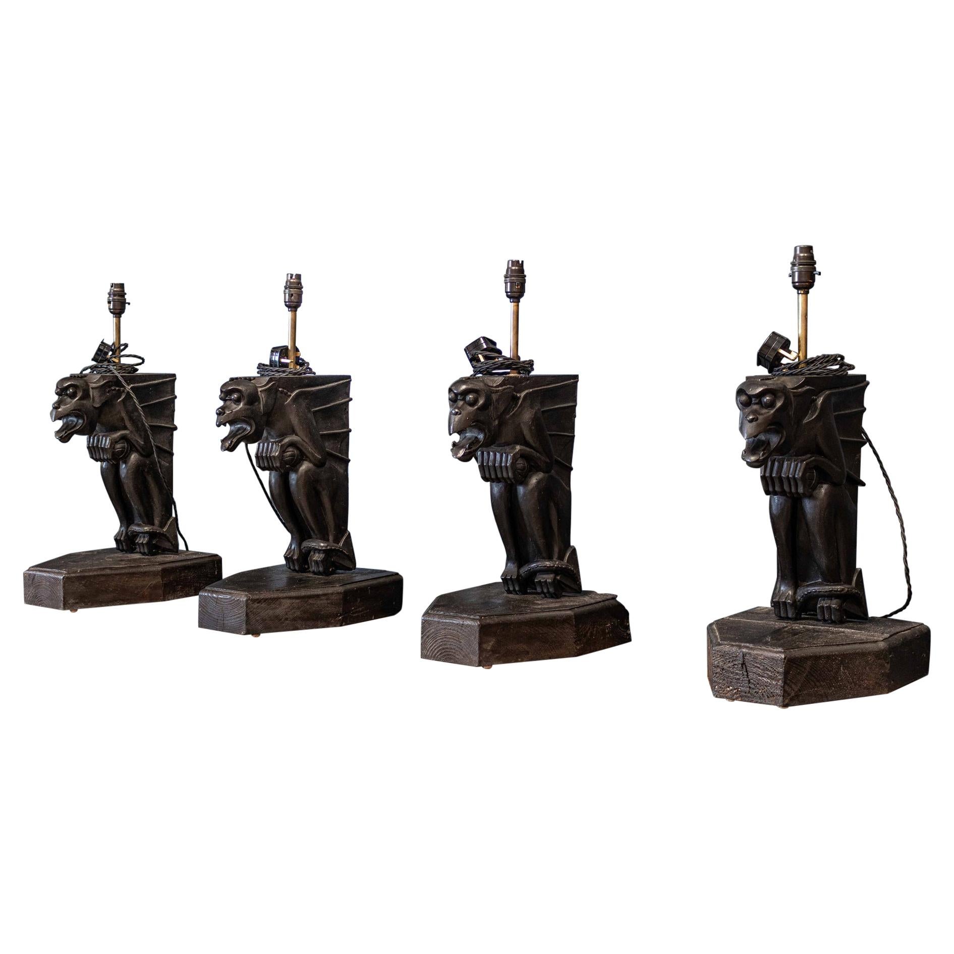 19th C Ebonised Carved Winged Serpent Gargoyle Table Lamps For Sale