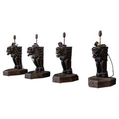 19th C Ebonised Carved Winged Serpent Gargoyle Table Lamps