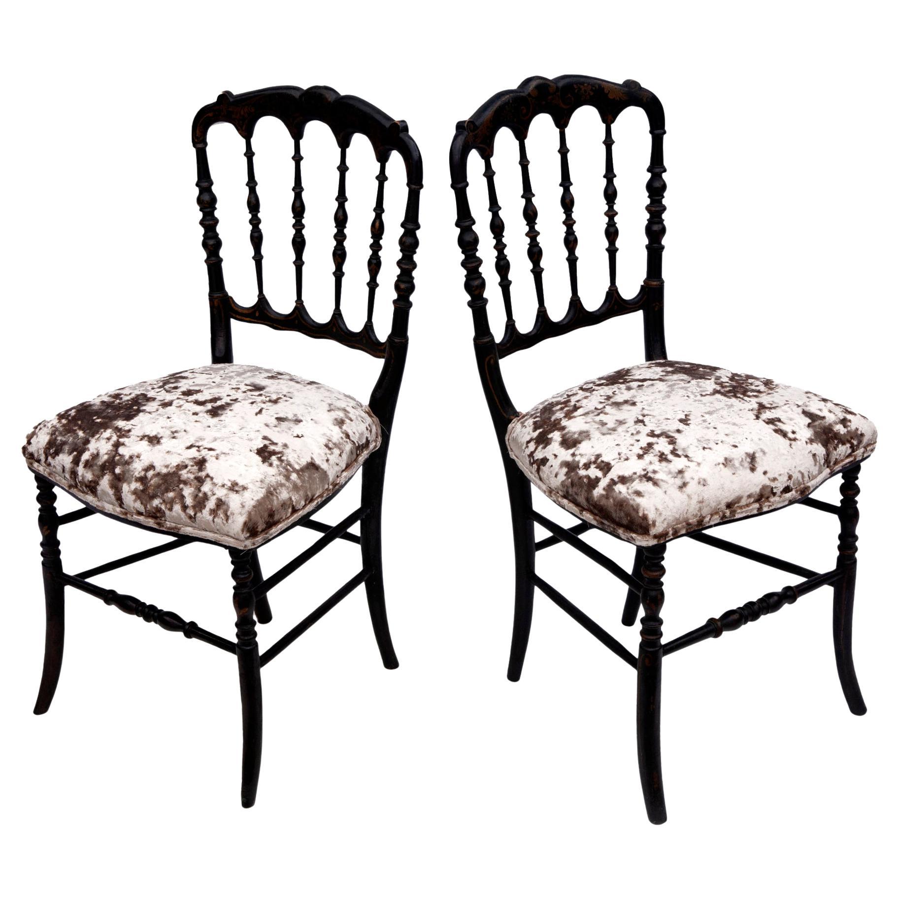 19th C Ebonized Charivari Napoleon III Chairs in Crushed Velvet, a pair