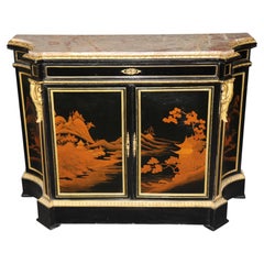 19th c. Ebonized Chinoiserie and Bronze Ormolu Mounted Marble Top Cabinet