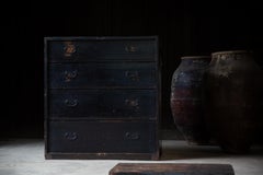 19th C Edo Japanese Antique Mid-Size Black Mizuya Tansu Chest with 4 Drawers